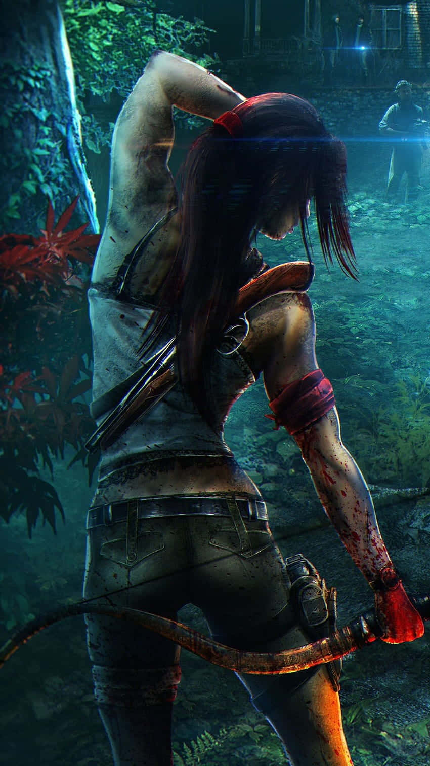 Pixel 3 Shadow Of The Tomb Raider 桌布 壁紙 — 一個血跡斑斑的女冒險家在夜晚的叢林中，在發光的藍光下緊張地拉弓。