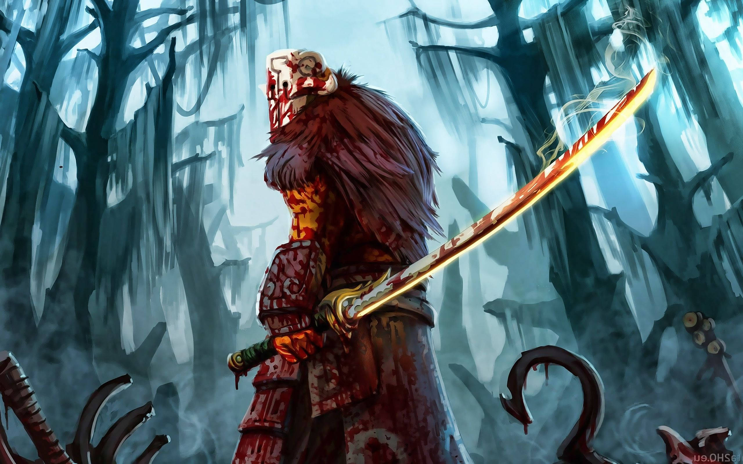 Juggernaut 桌布 壁紙 — 一個血跡斑斑的戰士手持火焰劍，站在迷霧籠罩的鬧鬼森林中，周圍有骷髏般的樹木和詭異的發光。