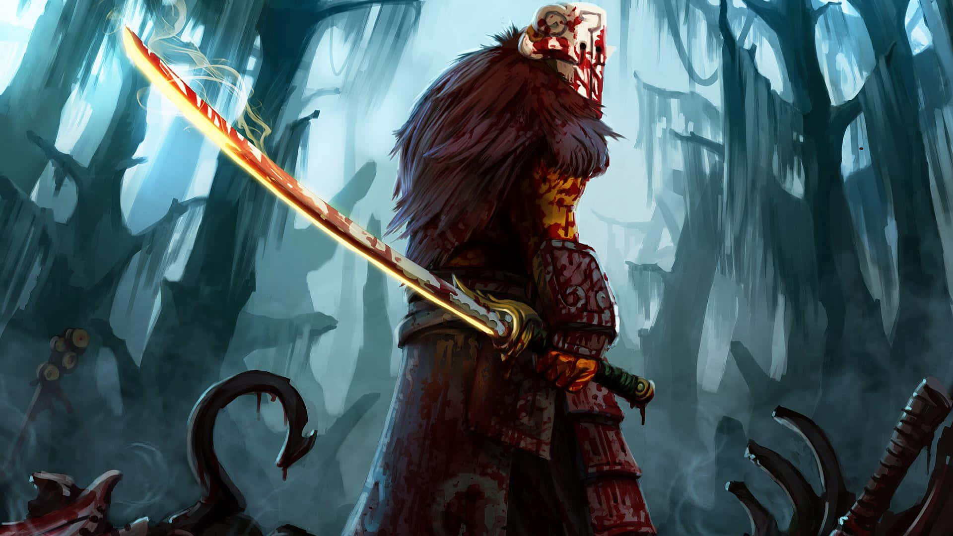 1920x1080 Dota 2 桌布 壁紙 — 一個血跡斑斑的戰士身穿華麗盔甲，站在迷霧森林中，揮舞著發光的劍，骷髏手從陰影中伸出。