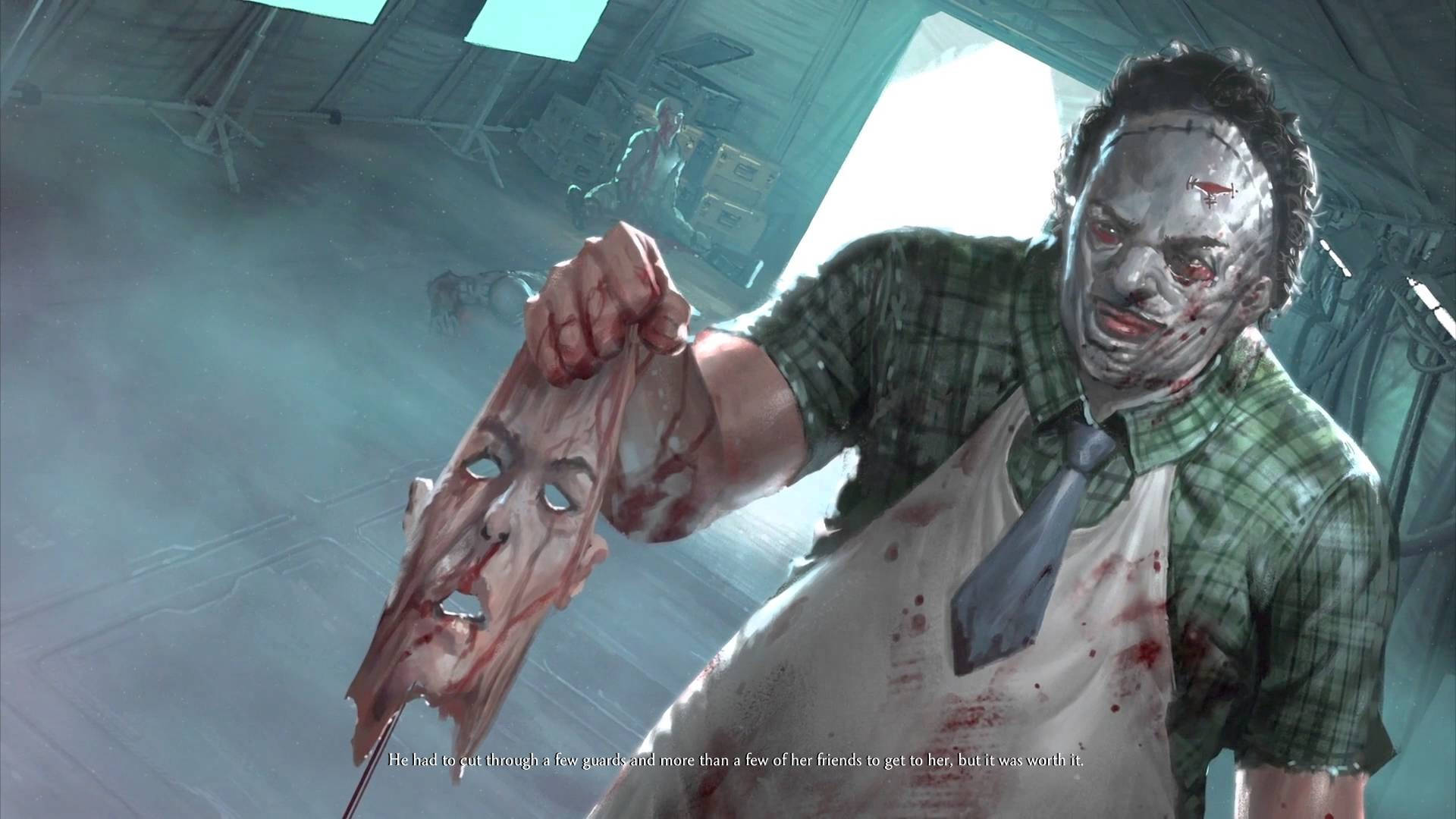 Leatherface 桌布 壁紙 — 一個血跡斑斑的男人，身穿綠色格紋襯衫和沾污的圍裙，在昏暗的工業環境中拿著一個被切斷的臉。