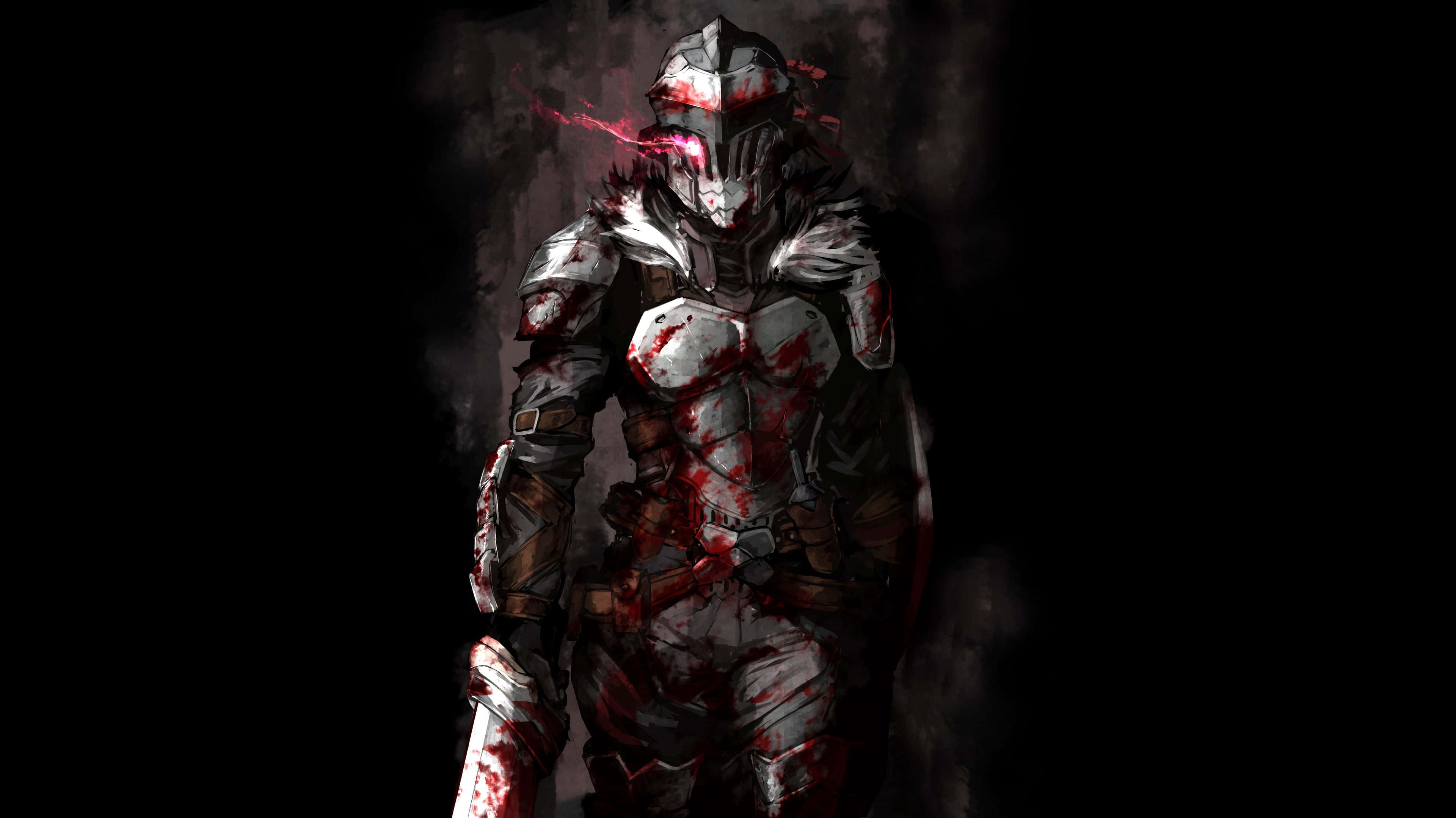 Goblin Slayer 桌布 壁紙 — 一個血跡斑斑的裝甲戰士，雙眼發出紅光，在黑暗煙霧繚繞的背景中威嚇地站立。