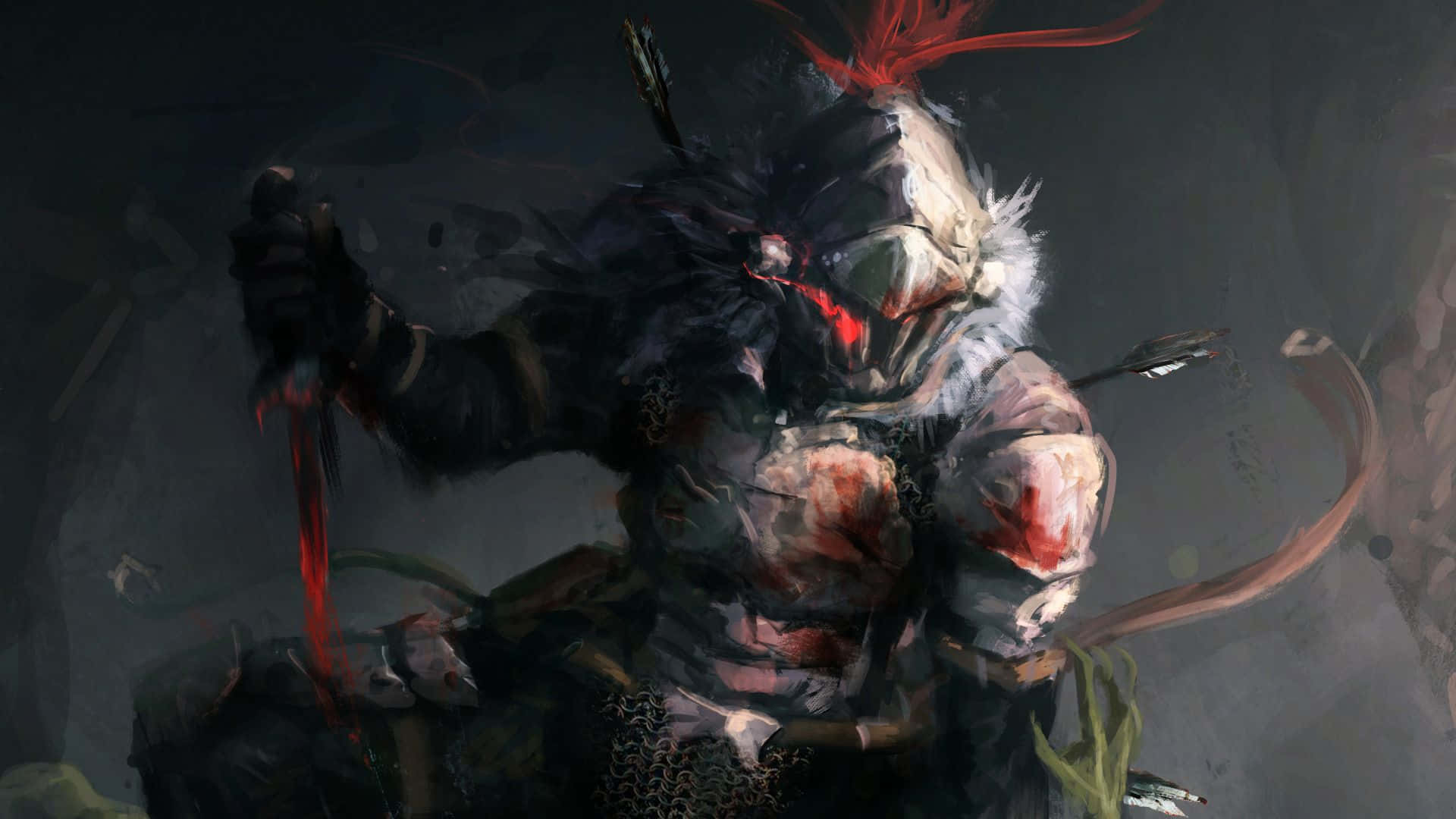 Goblin Slayer 桌布 壁紙 — 一個血跡斑斑的裝甲戰士，頭盔上有紅色羽毛，盔甲上插著箭，站在黑暗殘酷的戰鬥場景中。