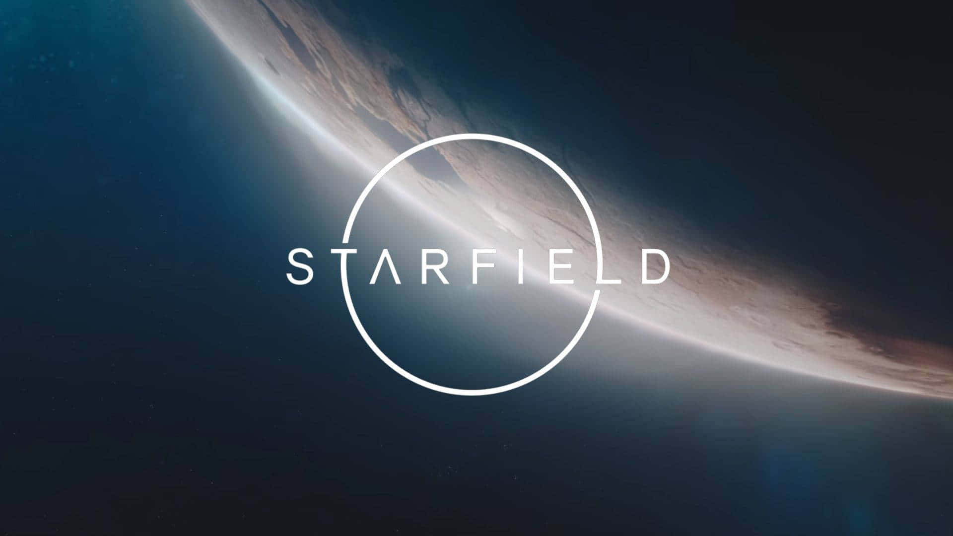 星空 桌布 壁紙 — 一個行星彎曲的地平線在星空中散發著大氣光芒的宇宙景觀，白色圓圈內有STARFIELD字樣。