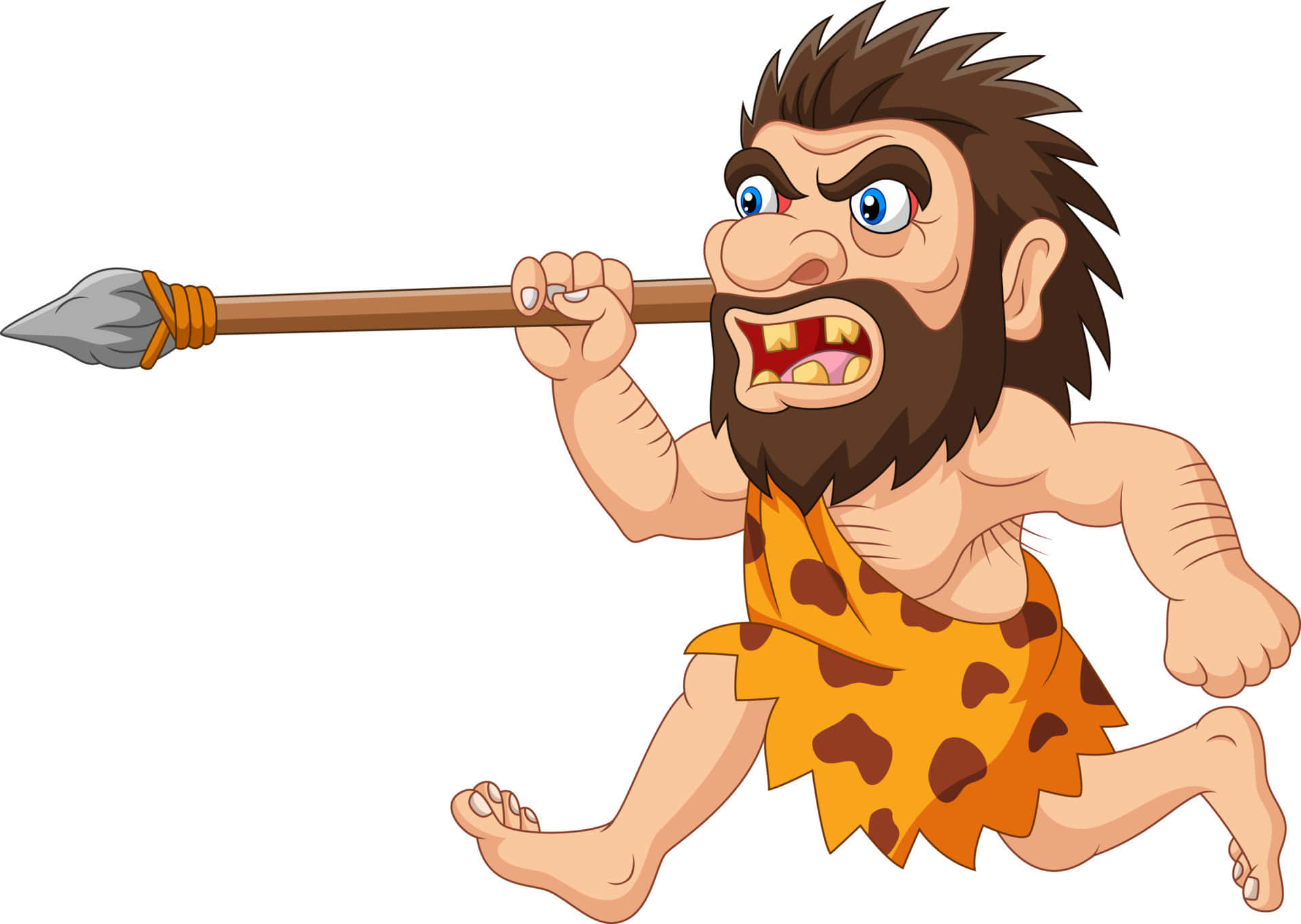caveman 桌布 壁紙 — 一個表情兇猛的卡通原始人向前奔跑，揮舞著石尖長矛。
