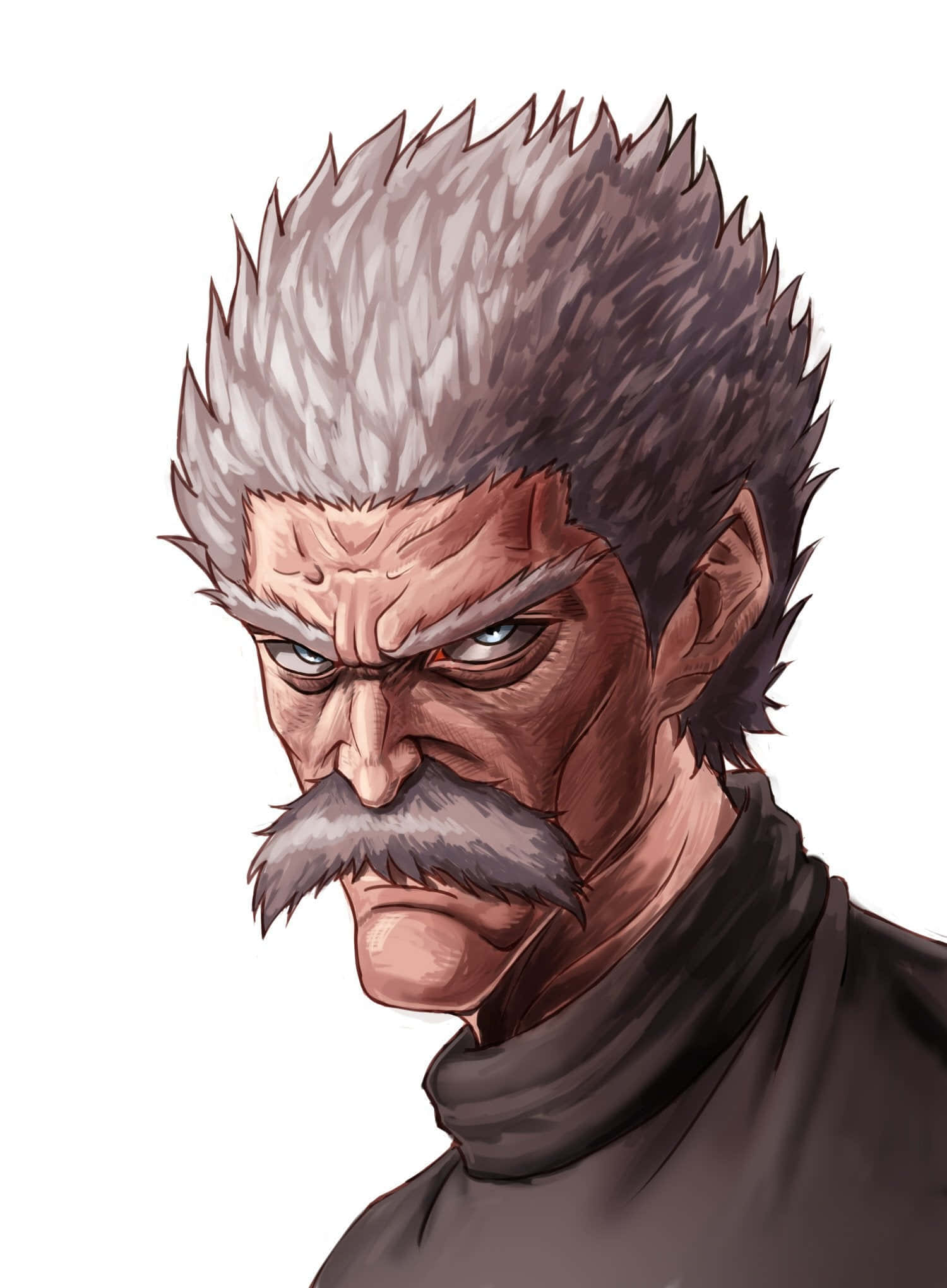 Silverfang 桌布 壁紙 — 一個表情嚴肅的動畫男人，有著尖刺的灰色頭髮和灰白的鬍子，在純白色背景下強烈地凝視著。