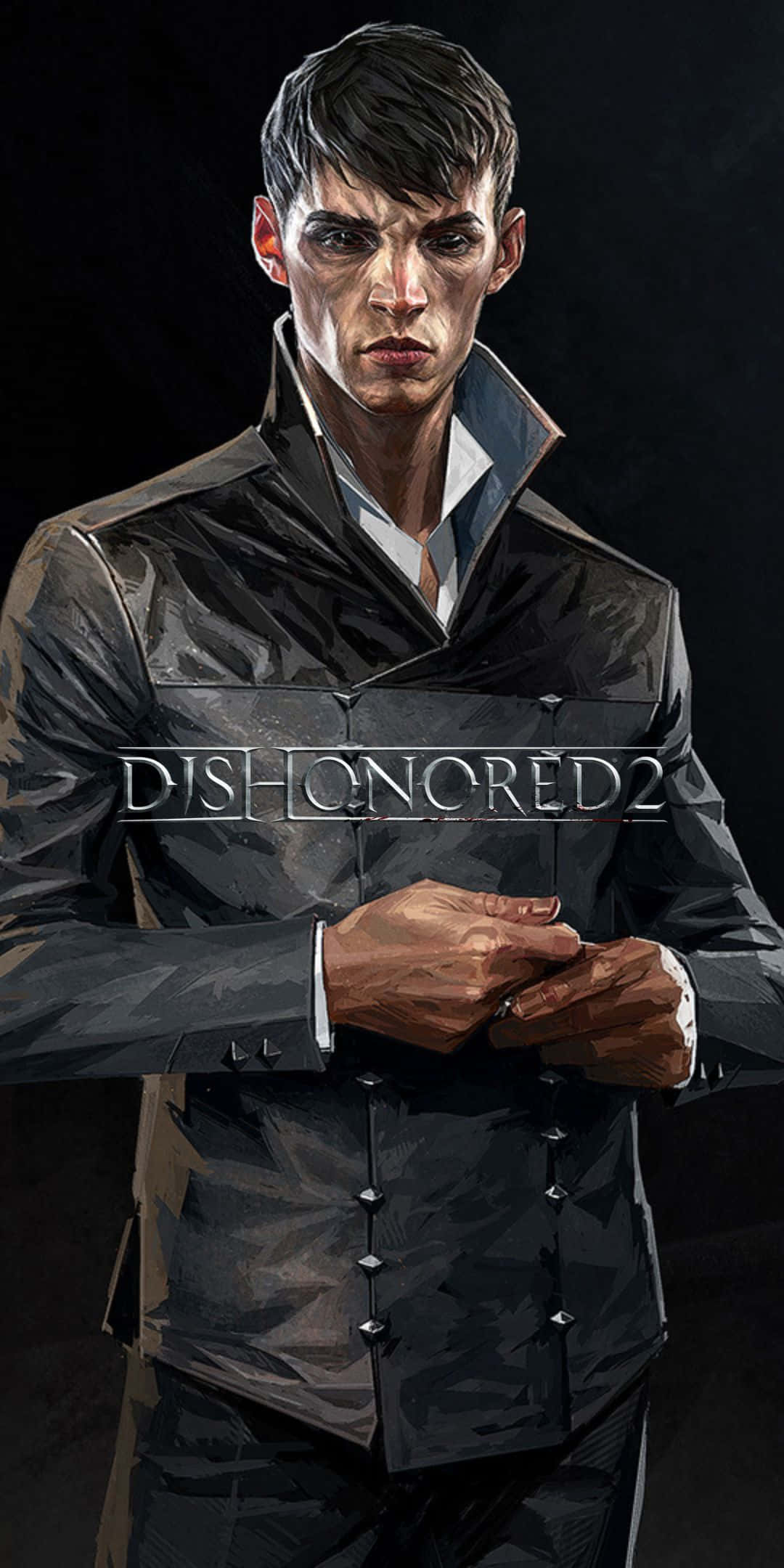 Pixel 3 Dishonored 2 桌布 壁紙 — 一個表情嚴肅的男人穿著深色外套，站在黑色背景前，胸前有Dishonored 2標誌。