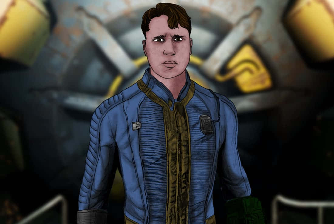 Fallout Characters 桌布 壁紙 — 一個表情嚴肅的男人穿著藍色和金色的外套，站在光線昏暗的工業環境中，背景有交叉的劍。