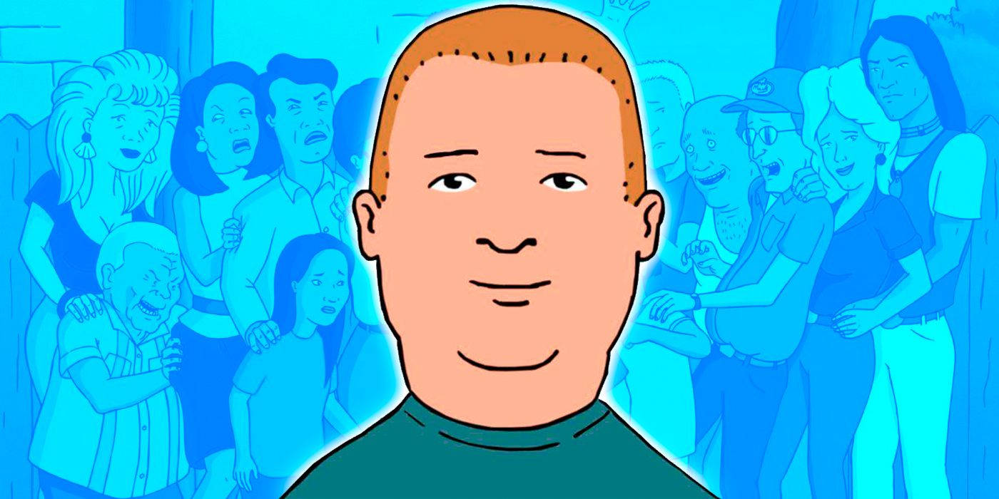 Bobby Hill 桌布 壁紙 — 一個表情平靜的卡通男人站在一群帶有藍色調的動畫人物面前，他們表現出驚訝和喜悅的反應。