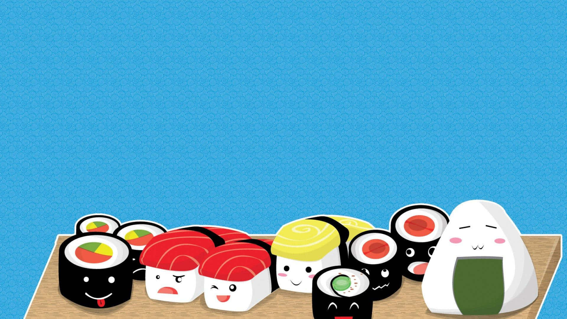Sushi 桌布 壁紙 — 一個表情豐富的卡通壽司家庭，坐在木板上，背景是純藍色。