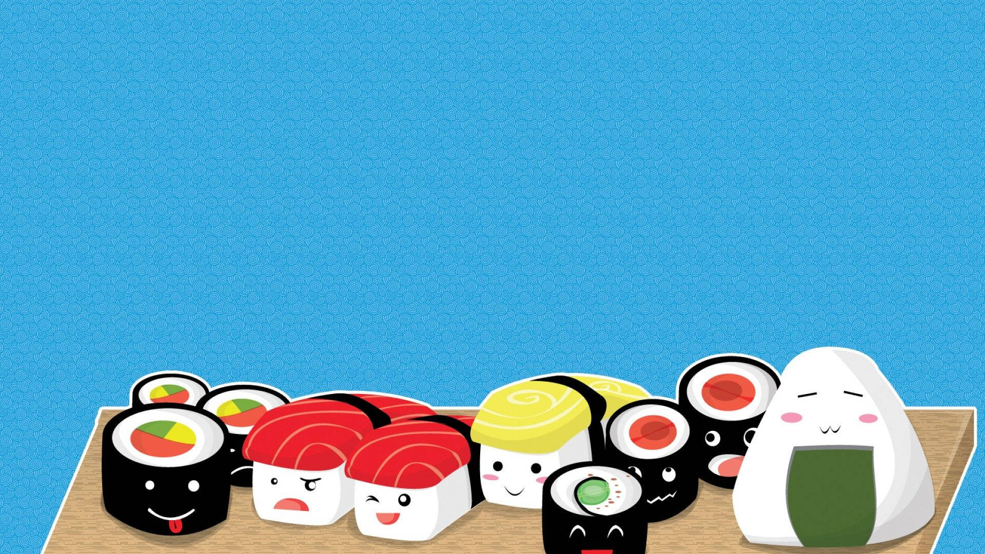 Sushi 桌布 壁紙 — 一個表情豐富的卡通壽司家庭，坐在木板上，背景是純藍色。