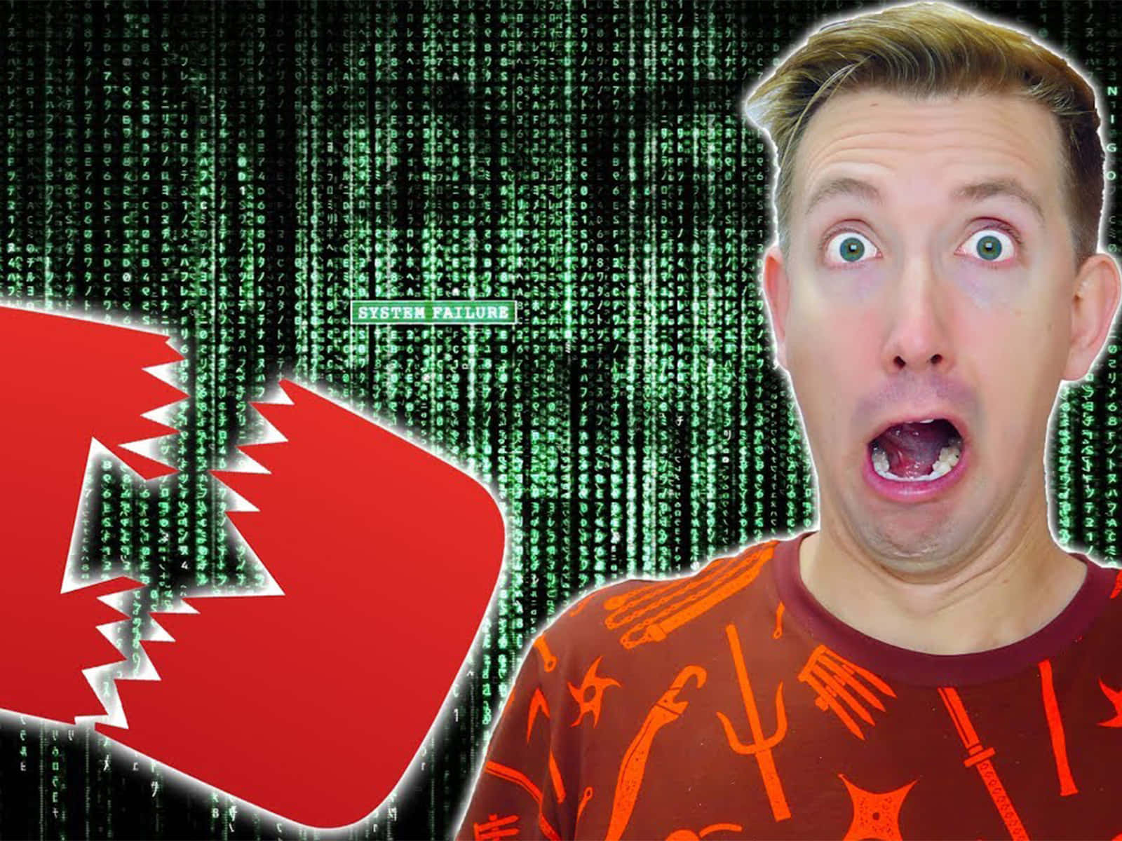 shocked face 桌布 壁紙 — 一個表情震驚的男人站在綠色數位雨背景前，背景上有破損的YouTube標誌和系統故障文字。