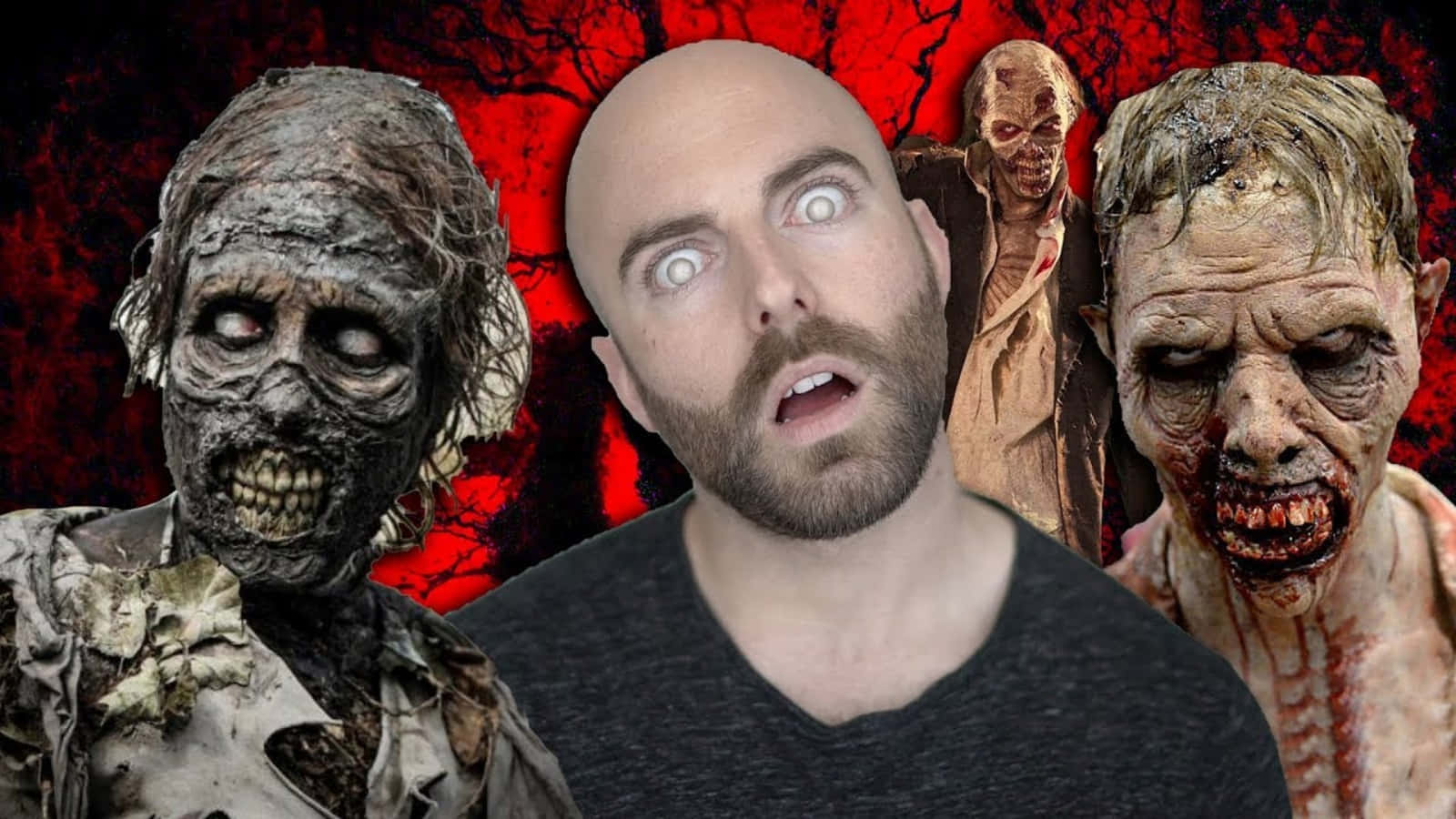 zombies 桌布 壁紙 — 一個表情震驚的男人被三個怪誕的殭屍包圍，背景是血紅色和黑暗的樹木。