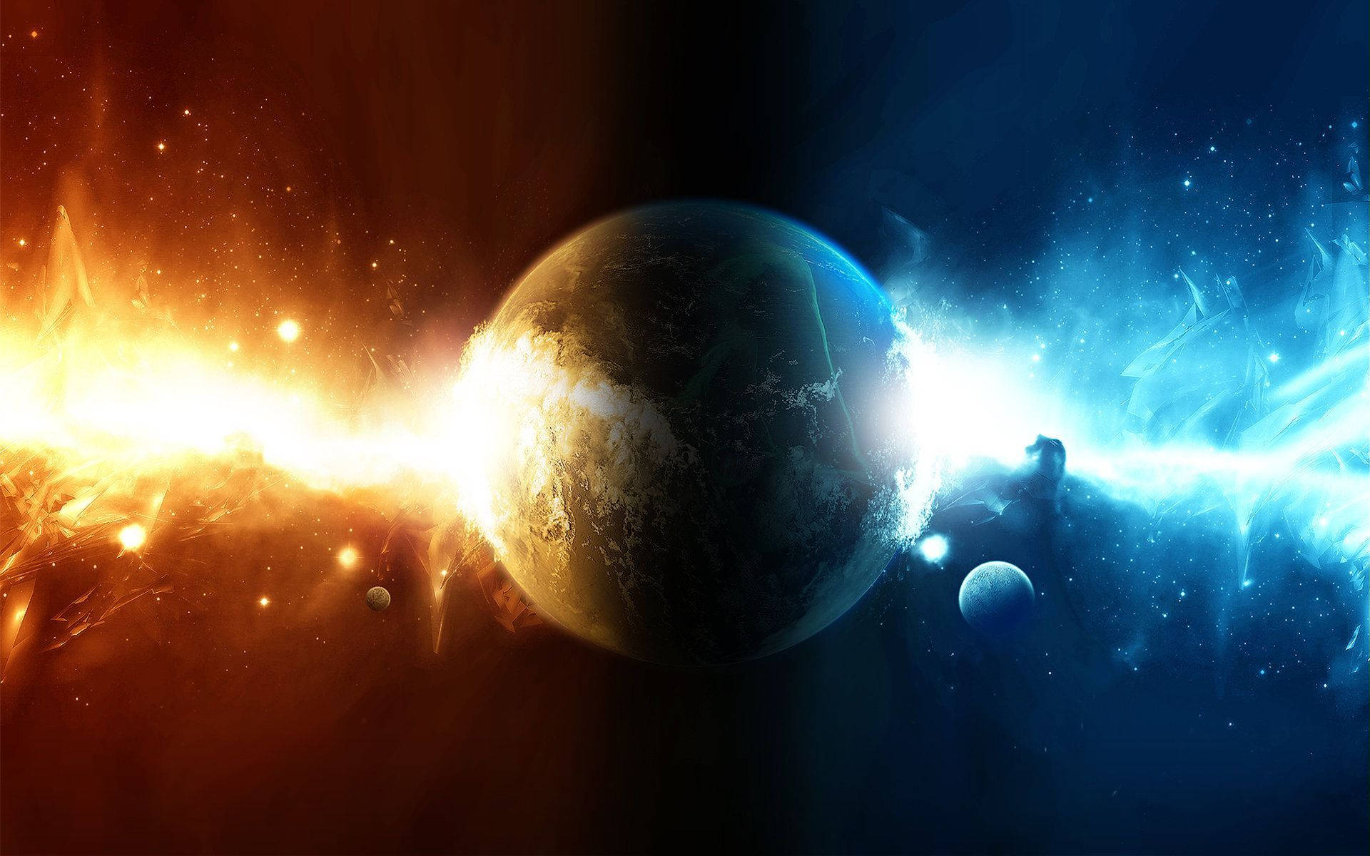 史詩 桌布 壁紙 — 一個被光芒四射的光束分割的宇宙行星，周圍環繞著熾熱的橙色和電光藍色的星雲。