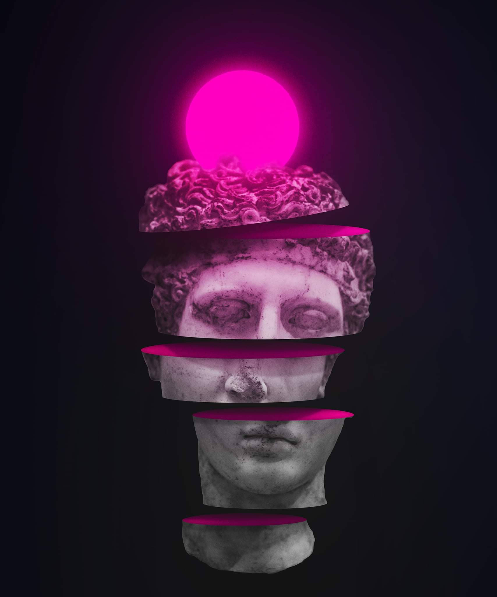 Sculpture 桌布 壁紙 — 一個被切開的古典大理石頭部，頂部有一個發光的粉紅色球體，置於深色背景上。