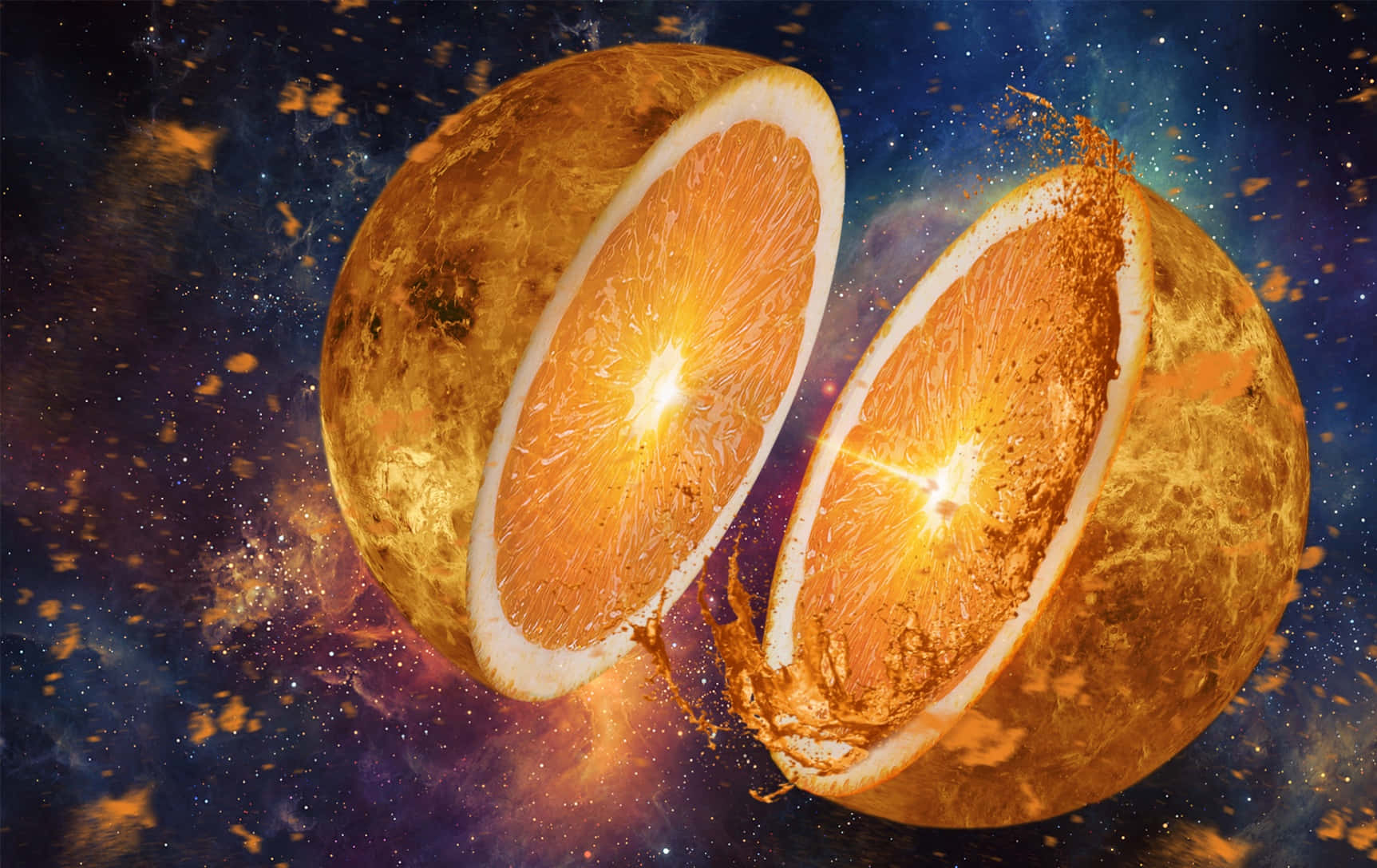 橘色 桌布 壁紙 — 一個被切開的橙色星球，在宇宙星雲背景下散發著柑橘瓣的光芒。
