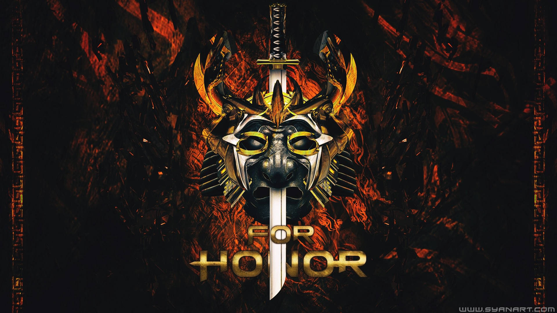 Honor 桌布 壁紙 — 一個被劍刺穿的金色武士面具，在熾熱的黑暗背景上發光，帶有「FOR HONOR」文字。