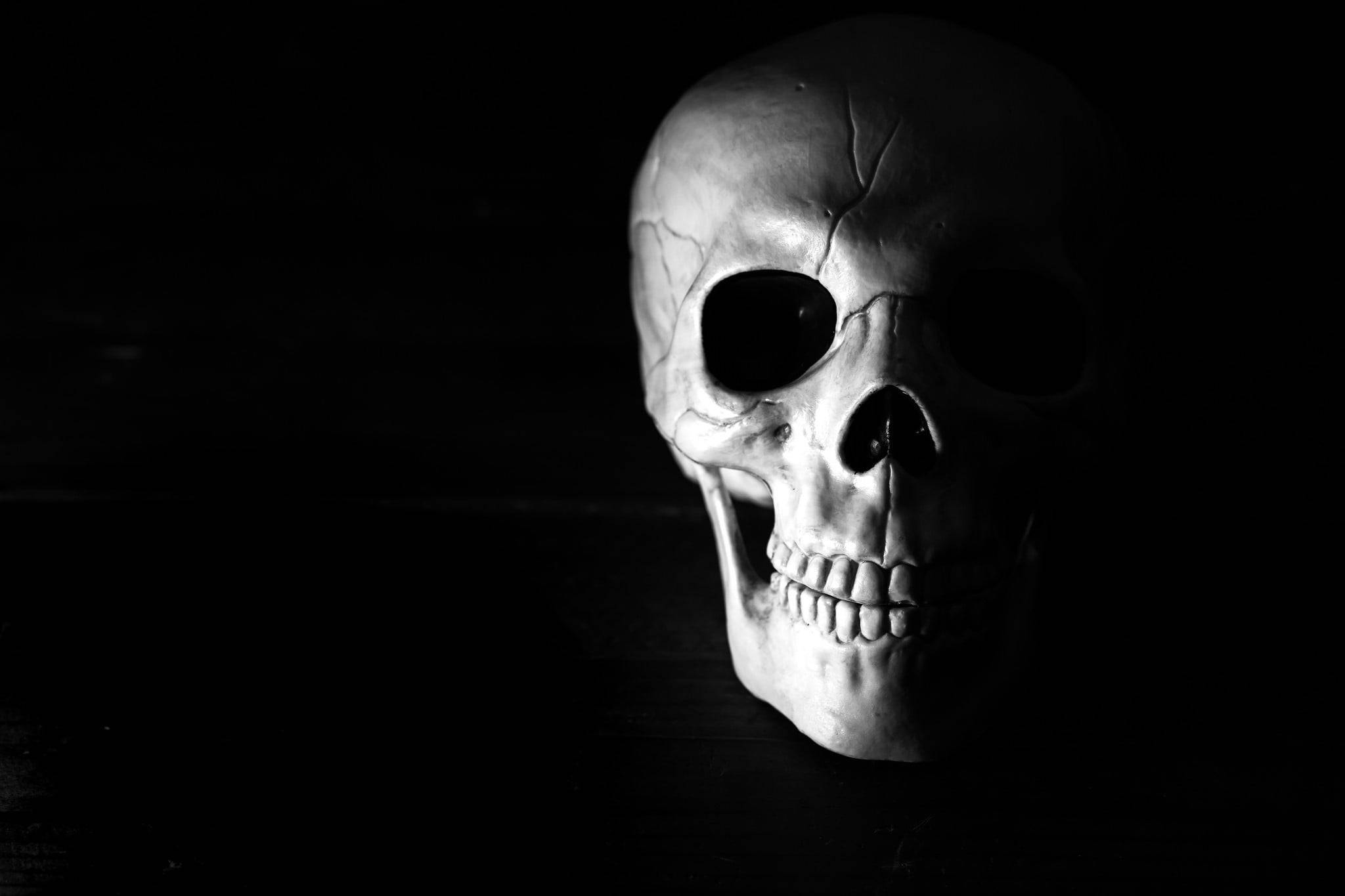 Black Skull 桌布 壁紙 — 一個被強烈光照的人類頭骨，置於深邃陰影中，空洞的眼眶和牙齒在黑色背景上清晰可見。