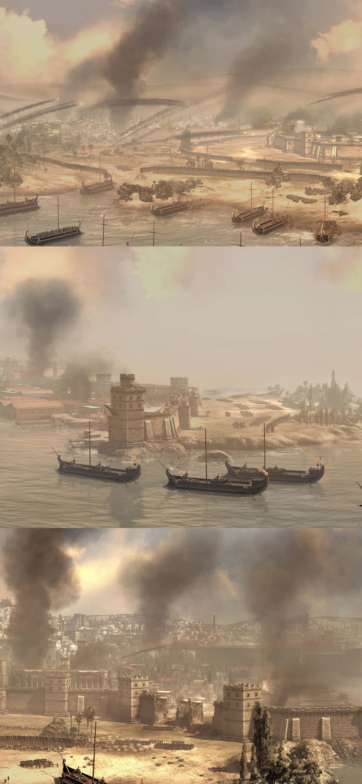 iPhone Xs Max Total War Attila 桌布 壁紙 — 一個被戰爭摧殘的沿海城市，煙霧從燃燒的建築物中升起，船隻停泊在陰暗的港口，天空朦朧。