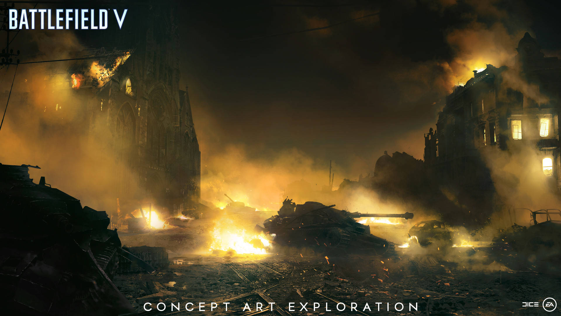 Battlefield 5 桌布 壁紙 — 一個被戰爭蹂躪的城市在夜晚，燃燒的坦克和倒塌的建築物被熾熱的爆炸照亮。