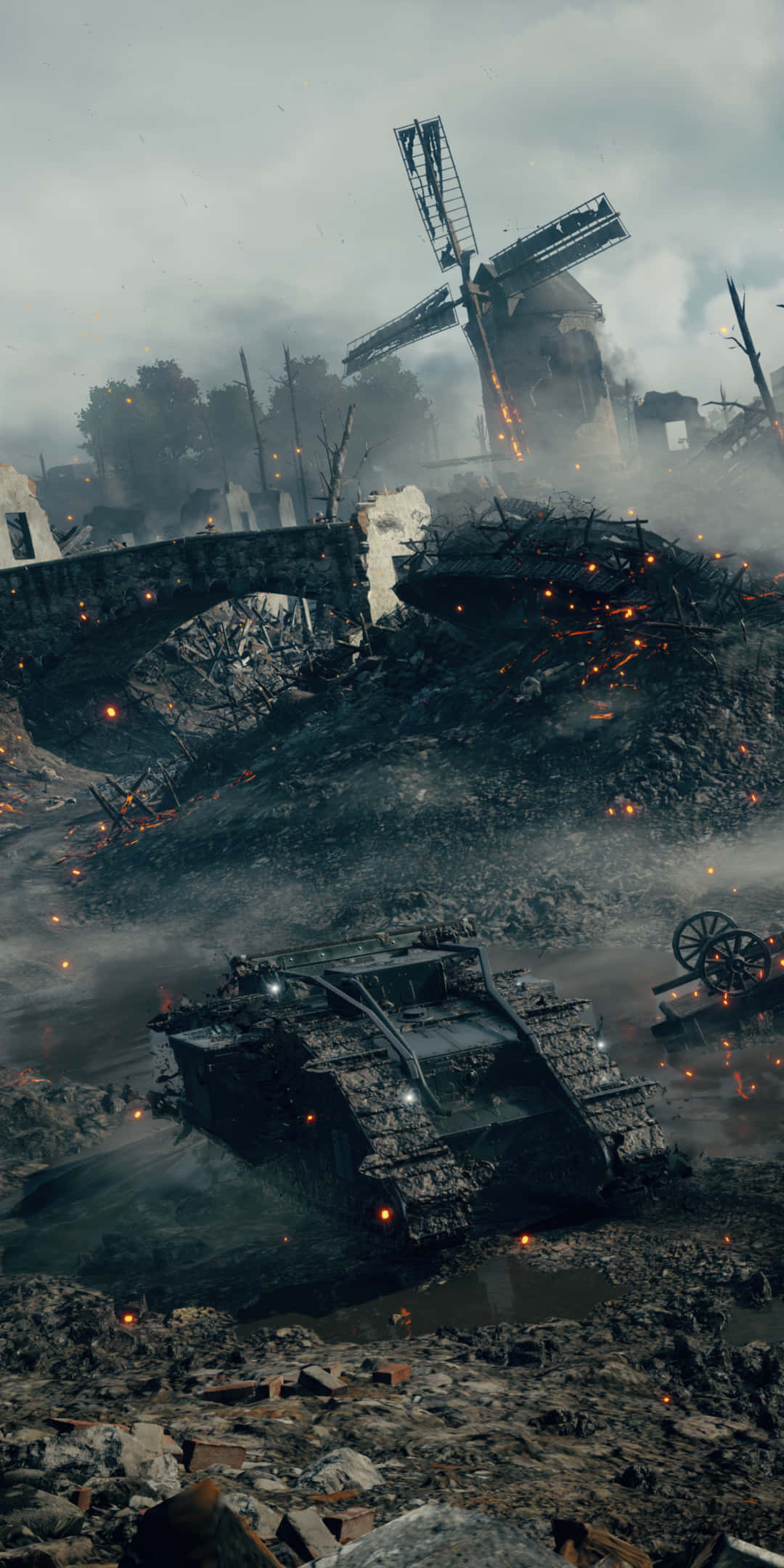 Pixel 3 Battlefield 1 桌布 壁紙 — 一個被戰爭蹂躪的戰場，有一輛被摧毀的坦克、燃燒的碎片和一個破損的風車，天空陰沉。