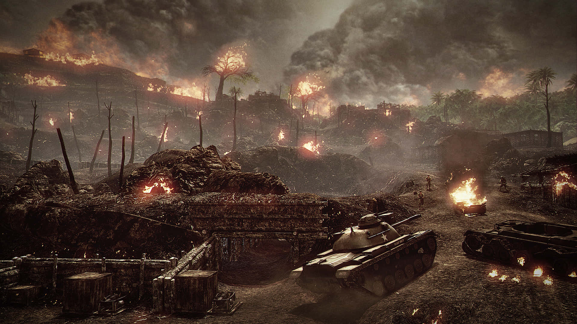 Battlefield 桌布 壁紙 — 一個被戰爭蹂躪的戰場，燃燒的坦克和冒煙的廢墟，天空如火。