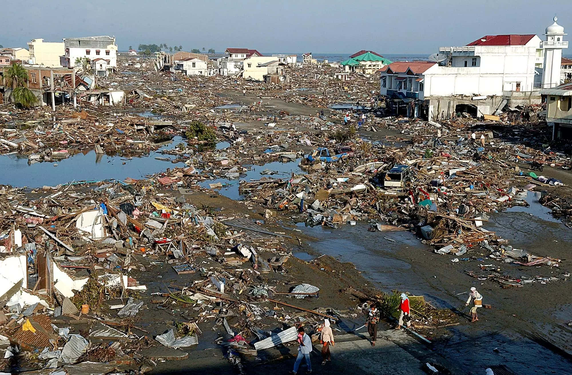 Tsunami 桌布 壁紙 — 一個被摧毀的沿海小鎮變成廢墟，街道佈滿瓦礫，建築物受損，天空晴朗。