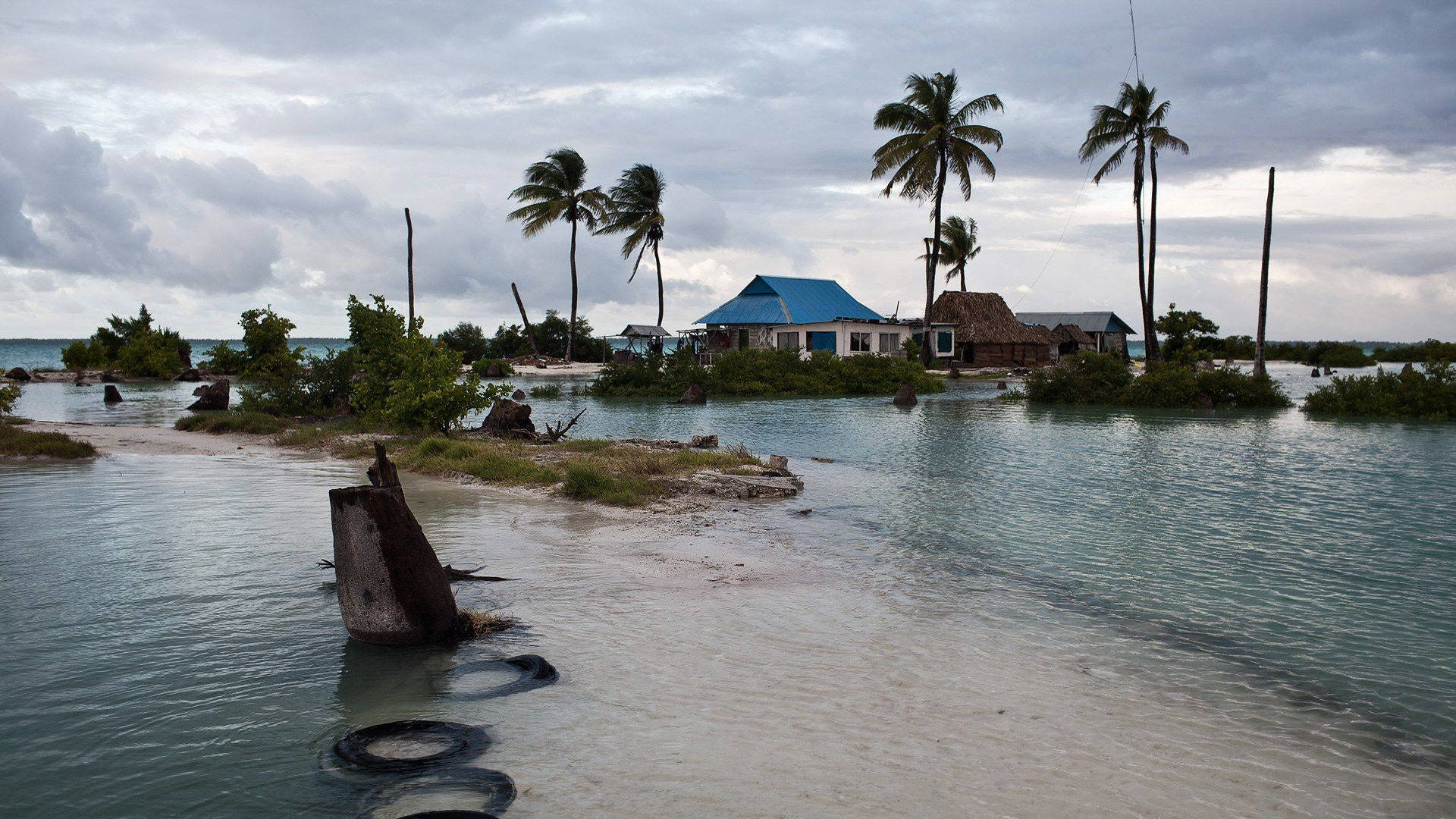 Kiribati 桌布 壁紙 — 一個被洪水淹沒的熱帶村莊，棕櫚樹和房屋部分淹沒在渾濁的水中，天空多雲。