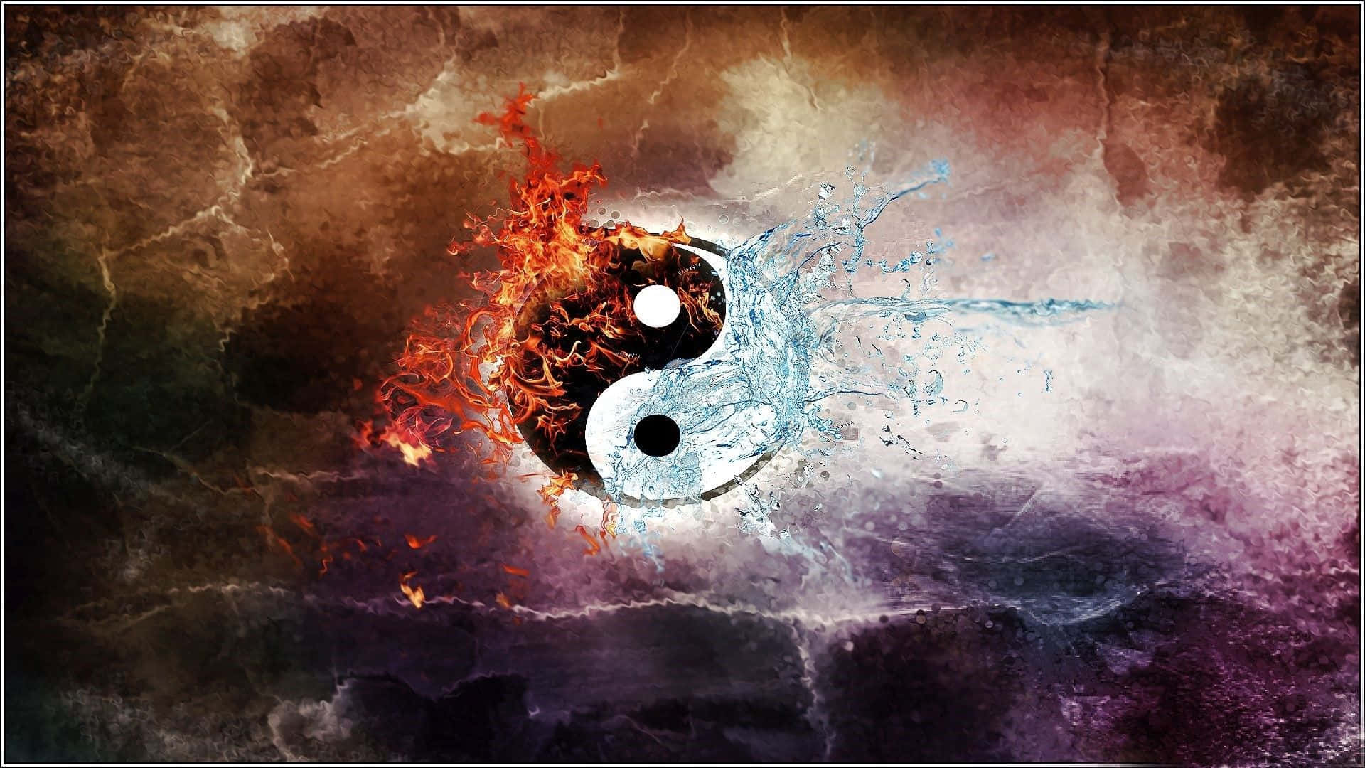 Yin Yang 4K 桌布 壁紙 — 一個被火和水分割的陰陽符號，背景是紋理風暴。