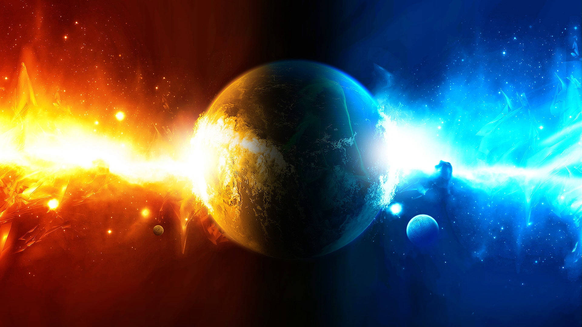 太空 桌布 壁紙 — 一個被火橙色和電藍色星雲分割的宇宙行星，帶有發光的星星和較小的天體。