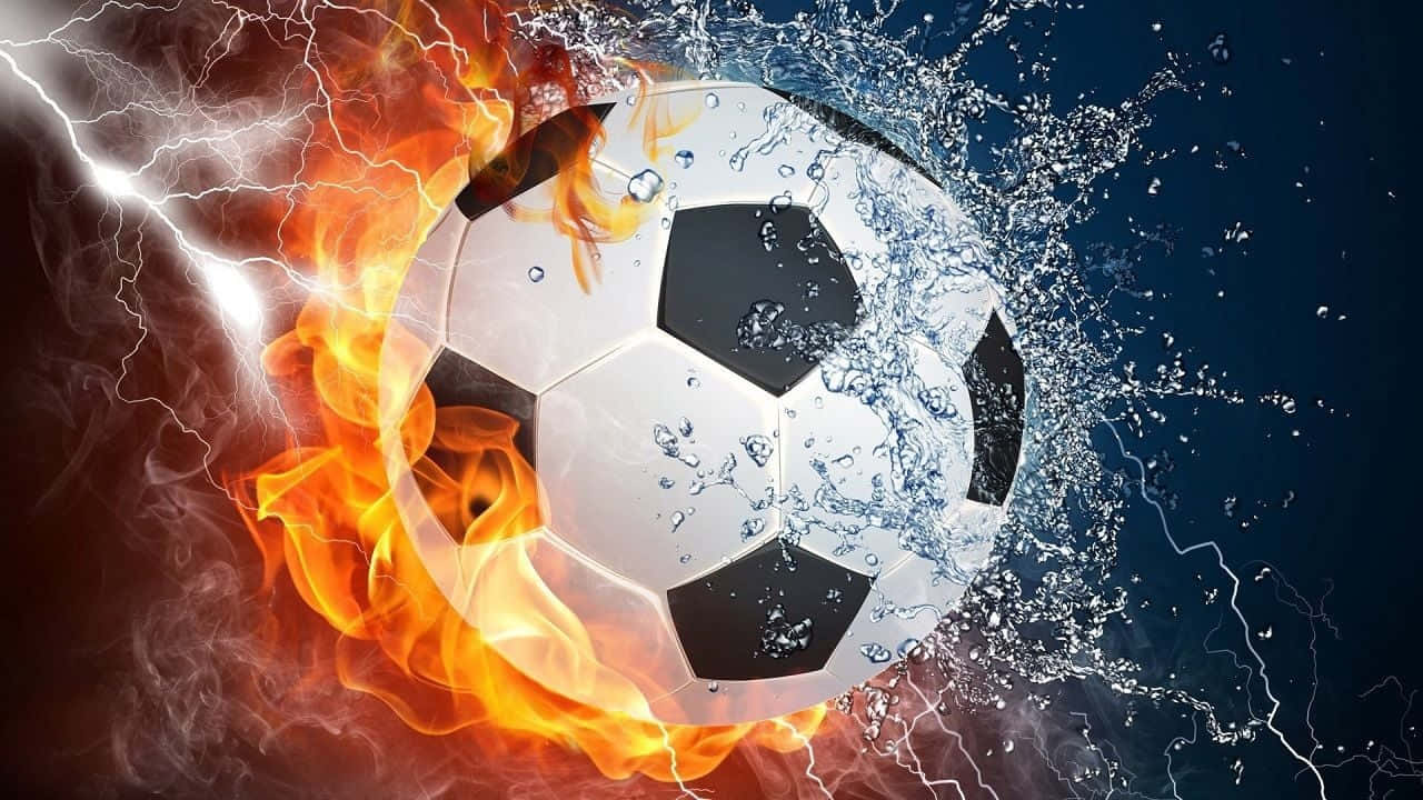 Football On Fire 桌布 壁紙 — 一個被火焰和飛濺的水包圍的足球，周圍有閃電噼啪作響。