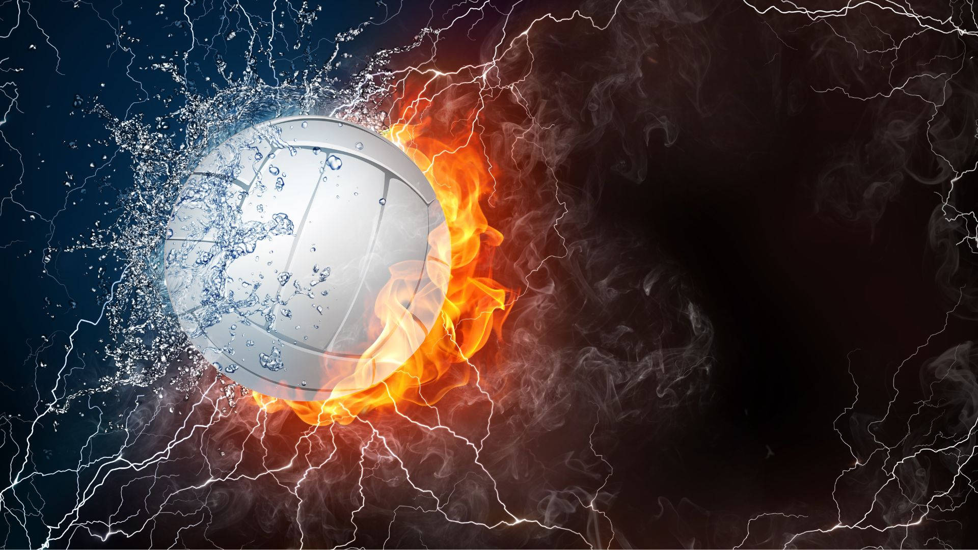 Volleyball Aesthetic 桌布 壁紙 — 一個被火與水分開的排球，周圍有閃電劈啪作響，背景黑暗。