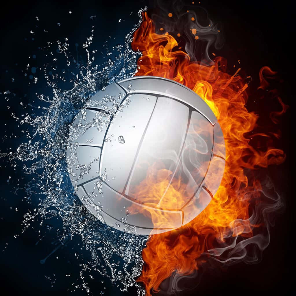 Football On Fire 桌布 壁紙 — 一個被火與水分開的排球，帶有動態飛濺和火焰，背景為深色。