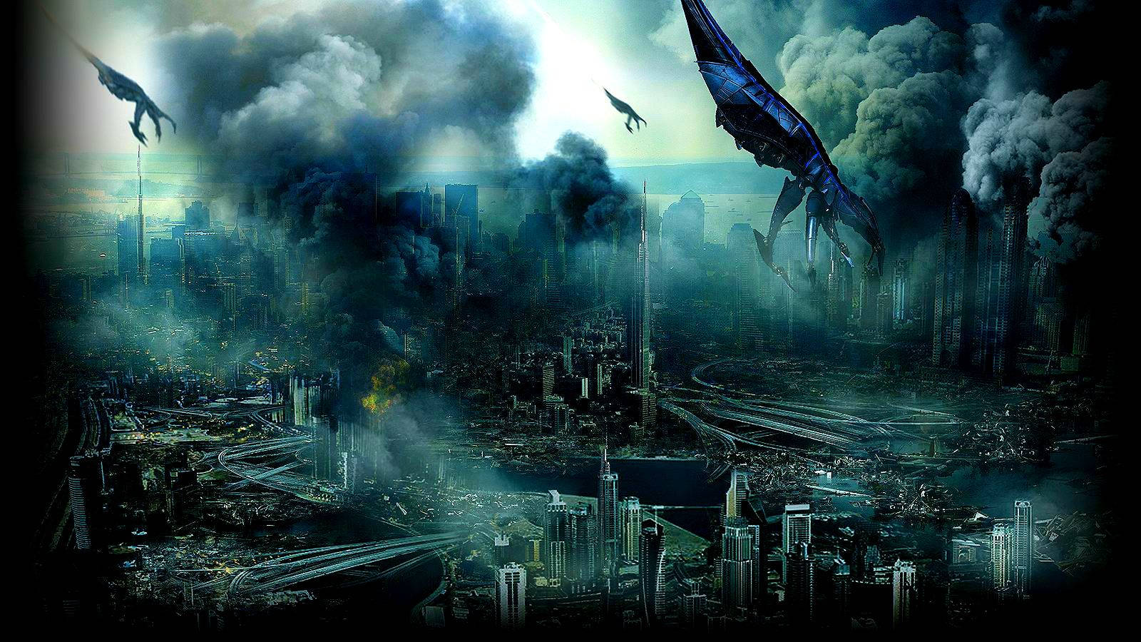 Mass Effect 3 桌布 壁紙 — 一個被煙霧籠罩的反烏托邦城市景觀，巨大的生物機械生物從暴風雨的天空中降臨。