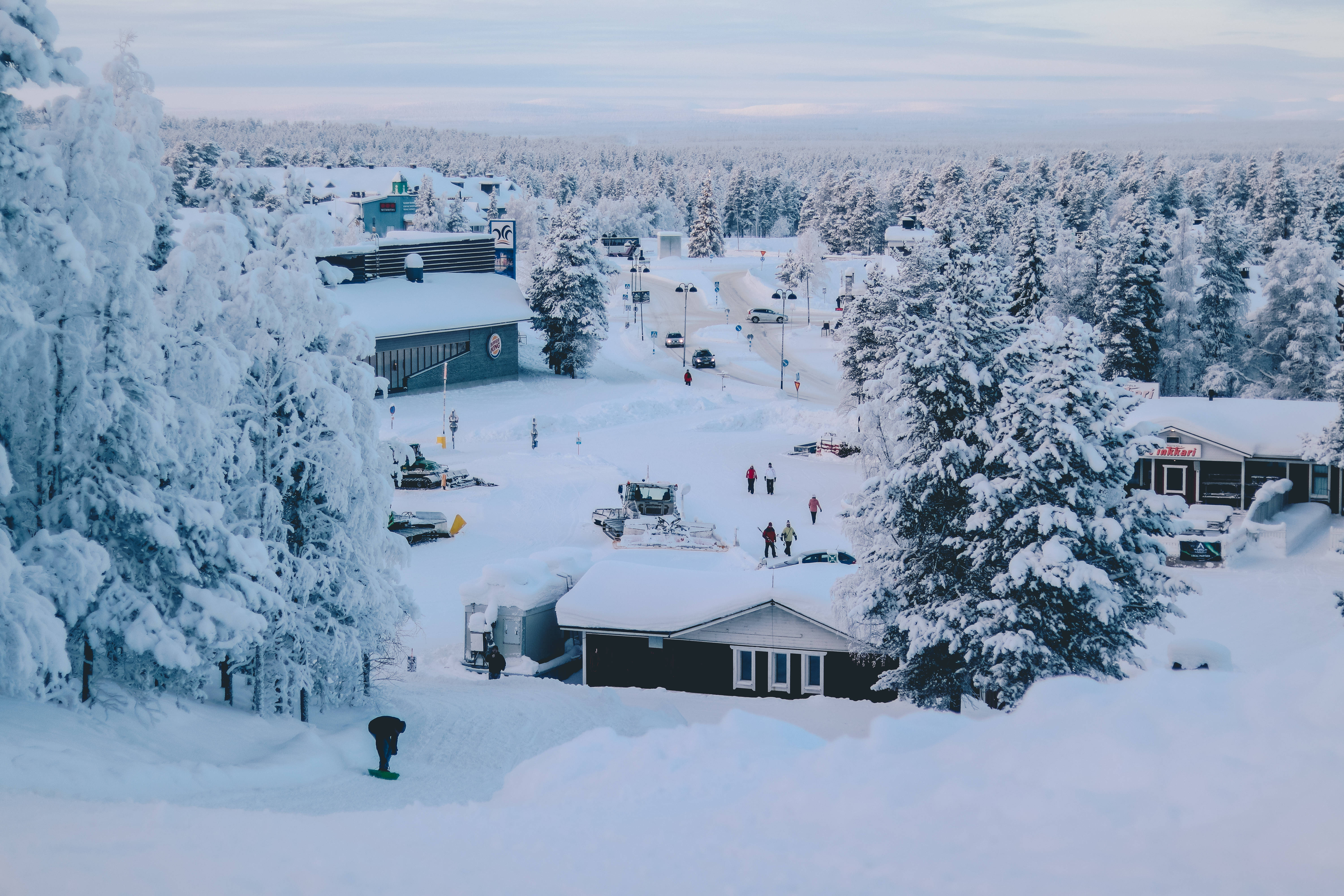 Finland 桌布 壁紙 — 一個被白雪覆蓋的滑雪度假村，坐落在霜凍的松樹之間，在蒼白的冬日天空下。