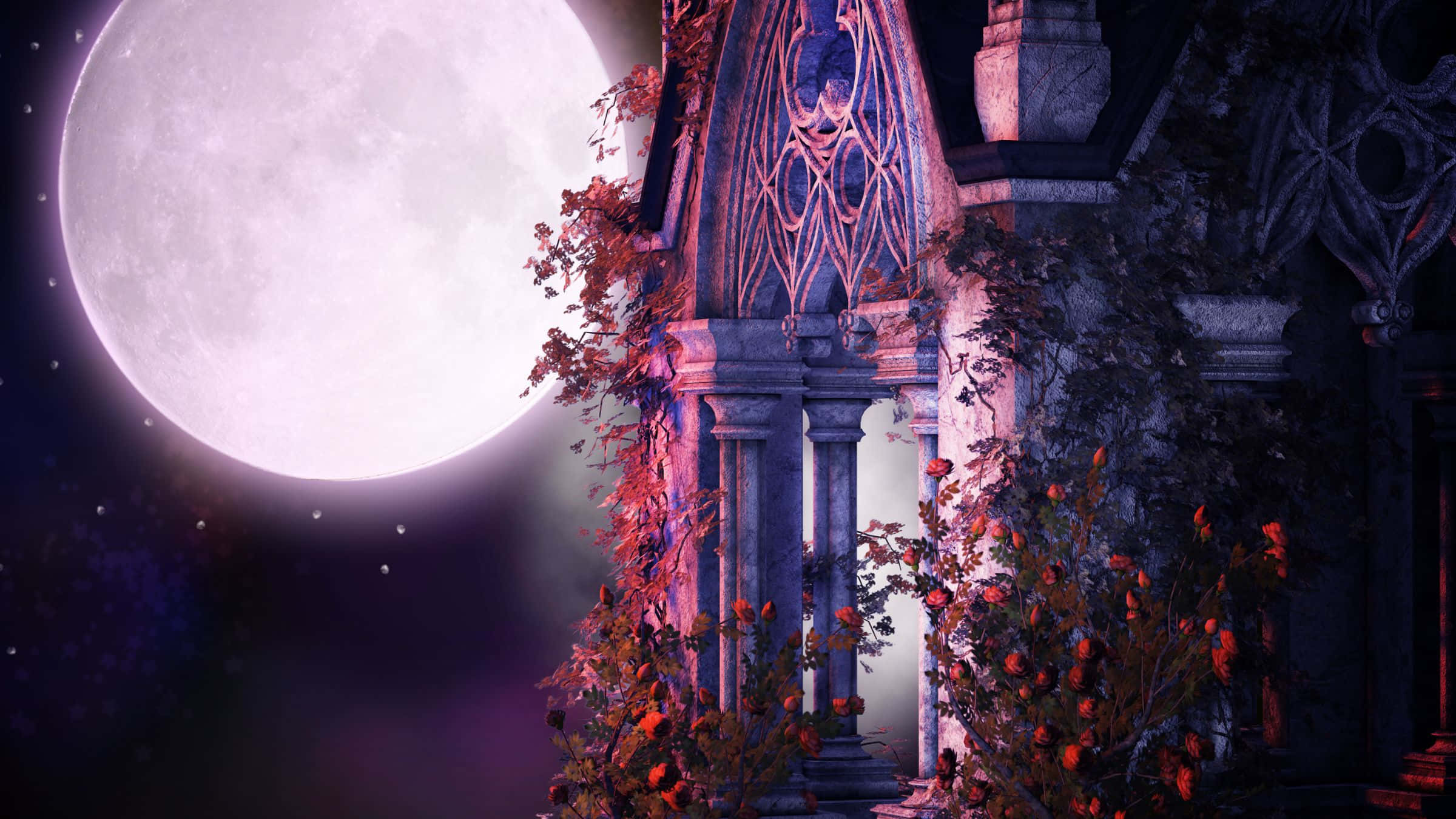 Goth 桌布 壁紙 — 一個被紅玫瑰覆蓋的哥德式石拱門，在神秘的夜景中，矗立在巨大而明亮的滿月下。