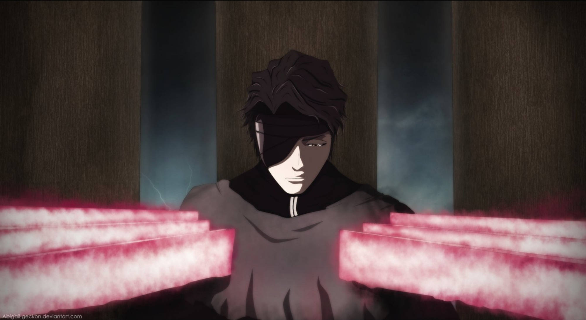 Aizen 桌布 壁紙 — 一個被蒙住眼睛、深色頭髮的動漫角色，站在昏暗的木房間中，兩側是發光的粉紅色能量刃。