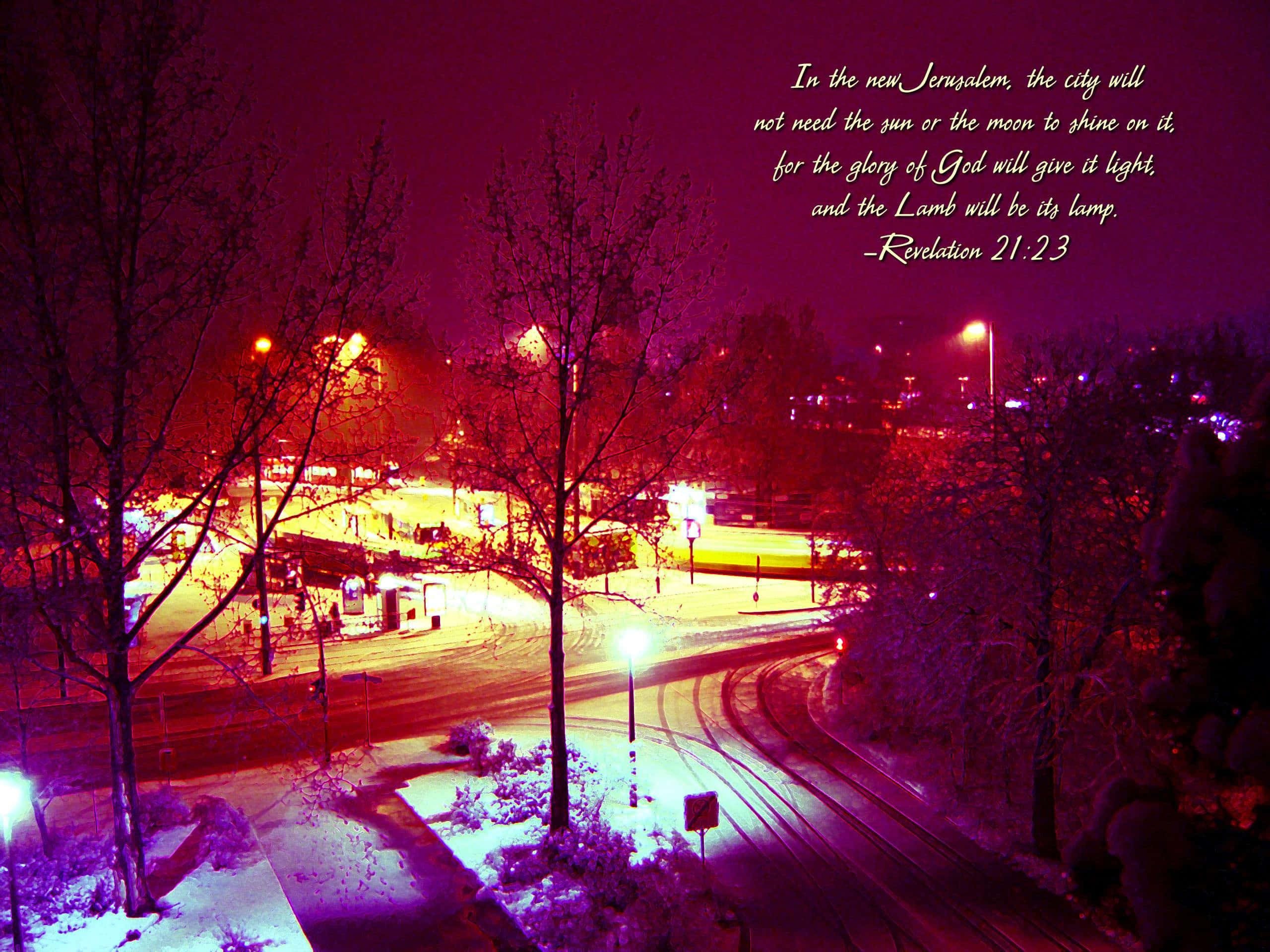 Beautiful Christian 桌布 壁紙 — 一個被超現實的洋紅色和青色光芒籠罩的雪夜城市景象，有光禿的樹木和發光的街燈。