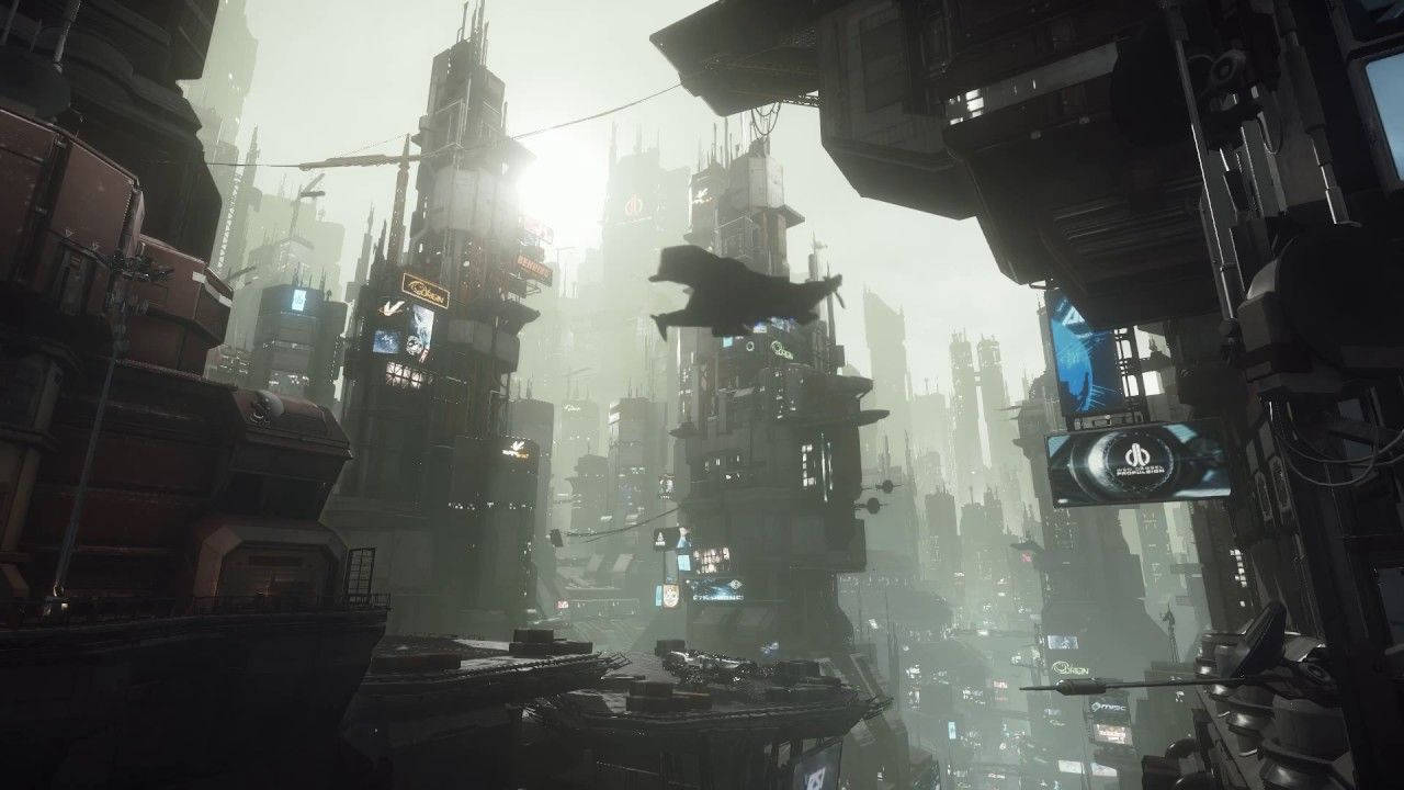 Star Citizen 桌布 壁紙 — 一個被迷霧籠罩的未來城市景觀，高聳的摩天大樓和一個飛行車輛在朦朧的太陽下形成剪影。