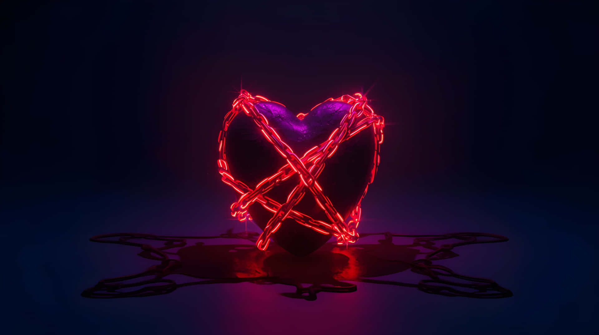 Anatomical Heart Shape Wrapped in Red Electric Chains Wallpaper 壁紙 — 一個被鎖鏈束縛的發光紅色霓虹心，在深藍色燈光下於黑暗表面投射出鮮明的倒影。