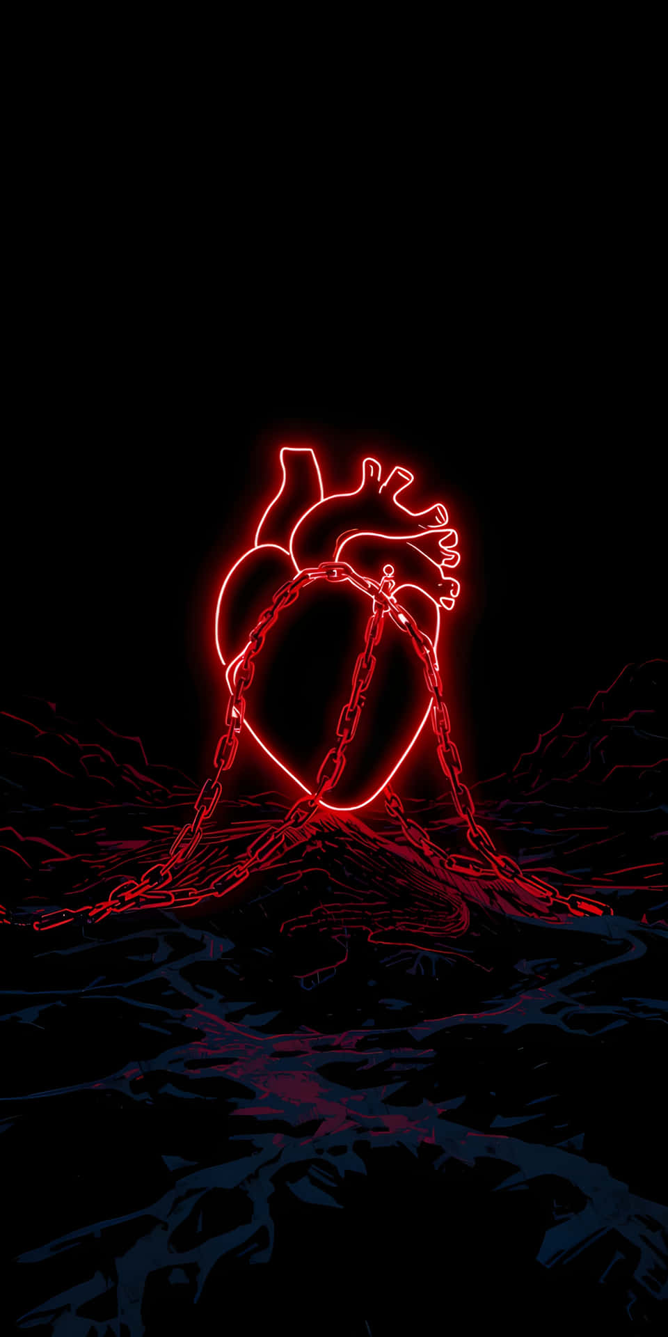Hanging Neon Red Heart in Dark Rocky Landscape Wallpaper 壁紙 — 一個被鎖鏈環繞的發光紅色霓虹心臟從黑色背景的暗水中浮現。