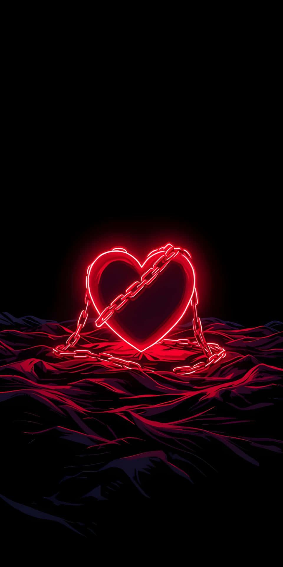 Bound by Emotions Anatomical Neon Red Heart Wallpaper 壁紙 — 一個被鎖鏈鎖住的發光紅色霓虹心臟，放在黑色背景的深色布料上。