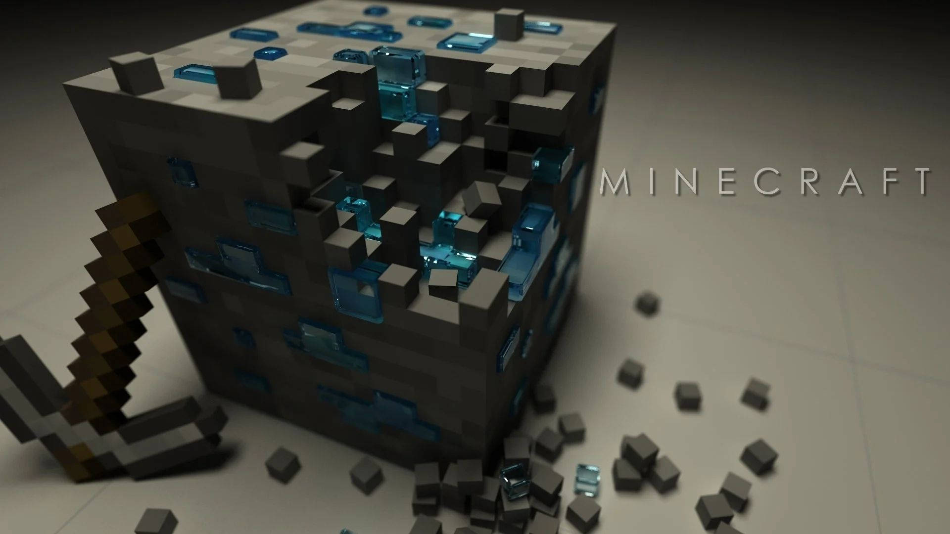 我的世界 鑽石 桌布 壁紙 — 一個被鎬子擊碎的Minecraft鑽石礦石方塊，散落的像素在平坦的地板上。