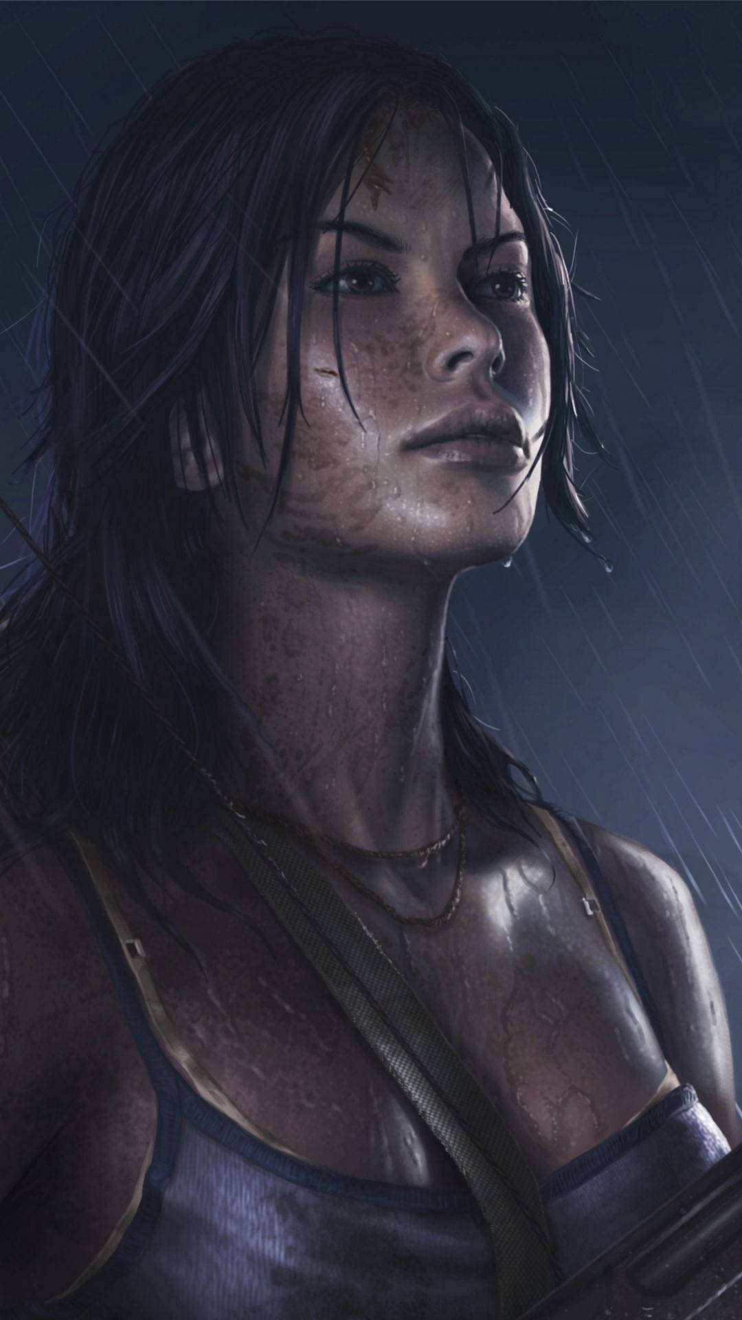 tomb raider iPhone 桌布 壁紙 — 一個被雨淋濕、深色頭髮、臉上沾滿污垢的女人，在昏暗的氛圍中向上凝視。