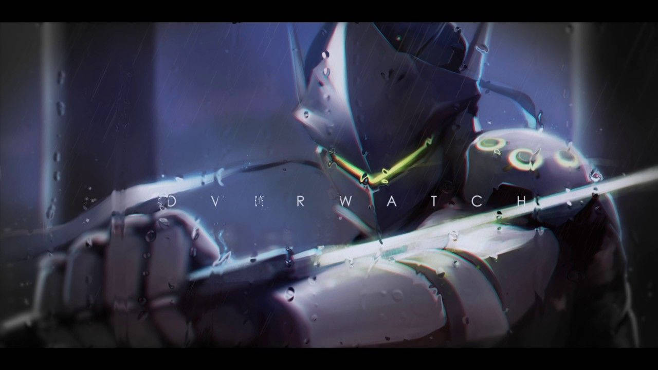 Genji 桌布 壁紙 — 一個被雨淋濕的Overwatch角色，身穿深色盔甲，帶有發光綠色點綴，站在昏暗的城市環境中。