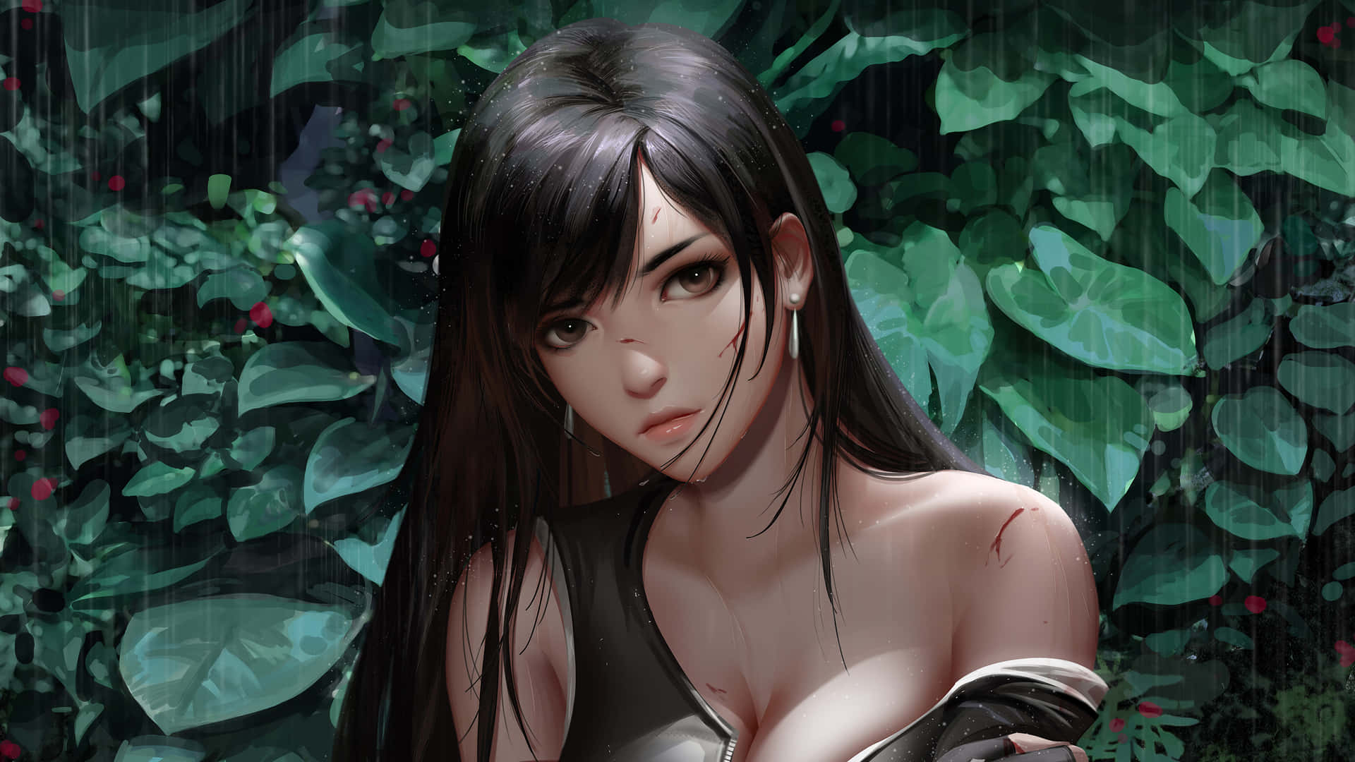深色頭髮帶有血痕的動漫女孩，站在下雨的綠色樹葉中。