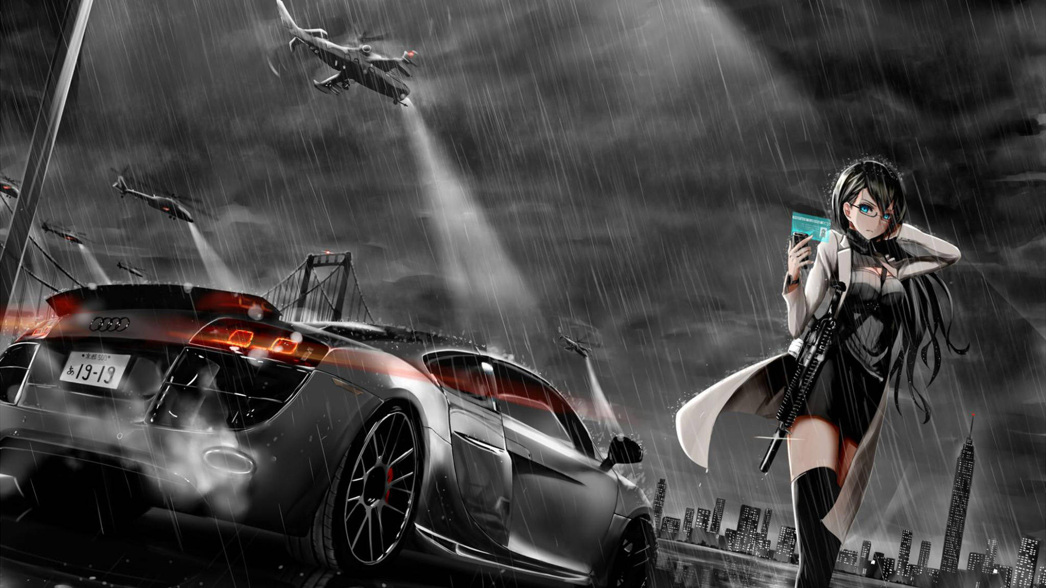 動漫車 桌布 壁紙 — 一個被雨淋濕的動漫女孩拿著步槍，站在一輛疾馳的跑車旁邊，直升機在暴風雨的城市景觀上空飛過。