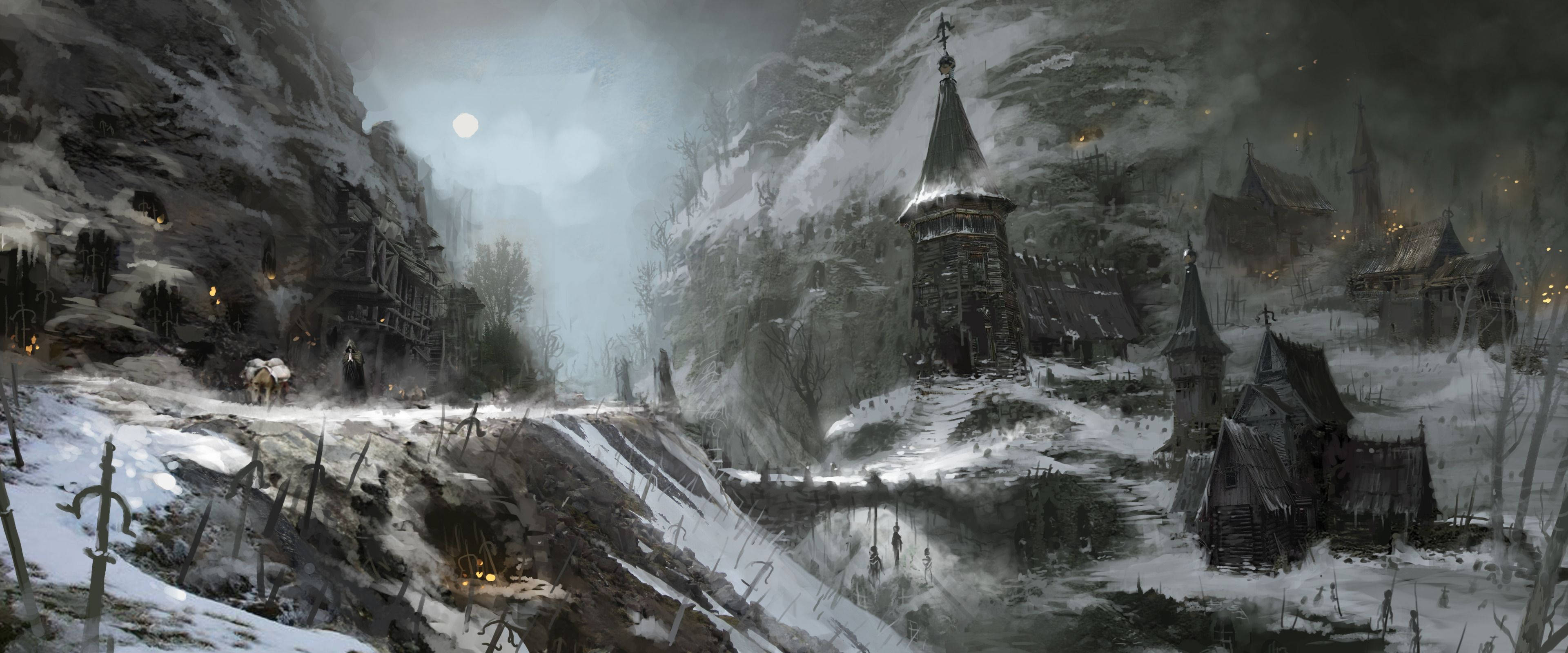 Dark Nature 桌布 壁紙 — 一個被雪封住的中世紀村莊，坐落在迷霧山穀中，蒼白的月光下，木屋中透出溫暖的燈籠光芒。