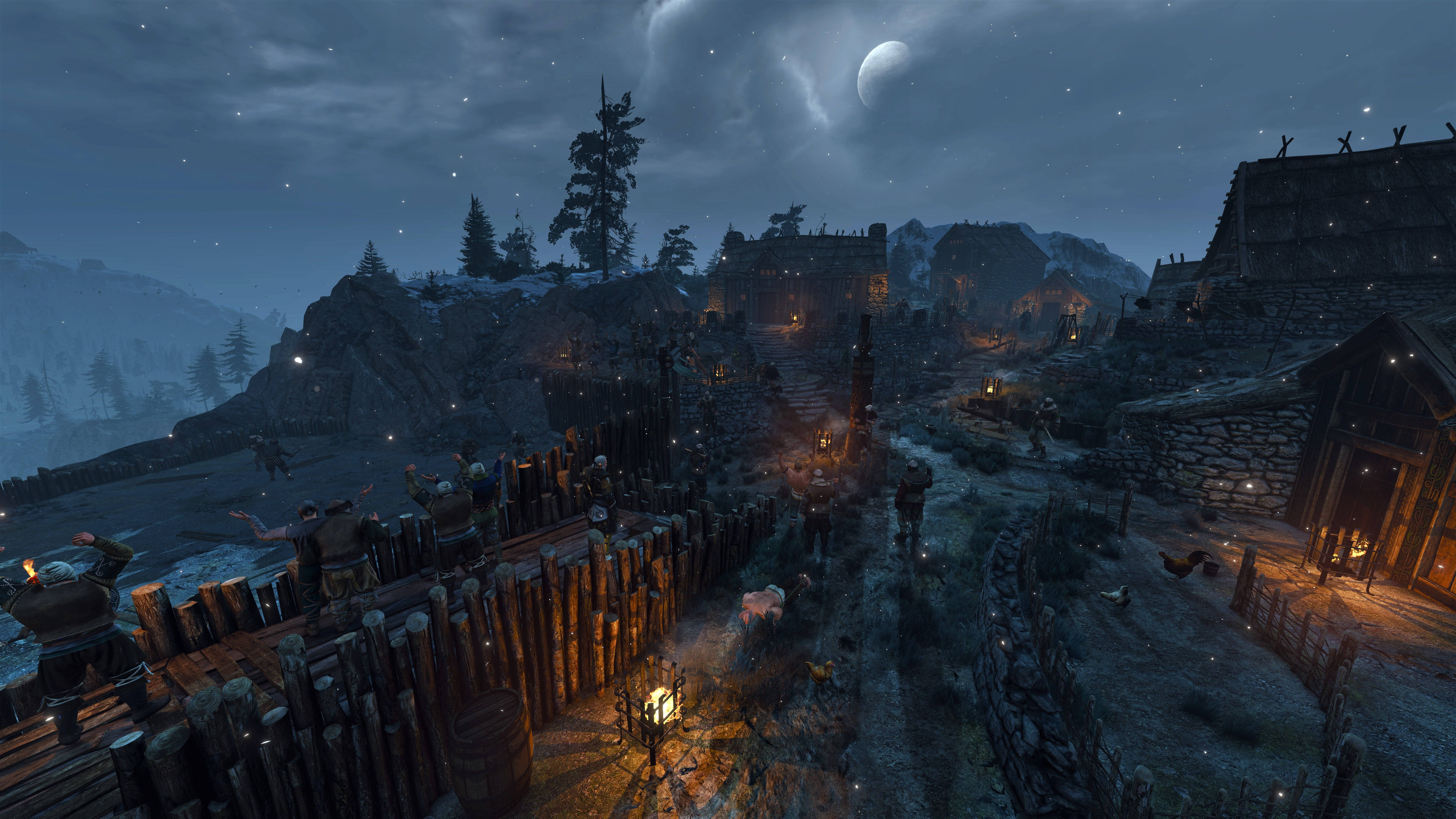 witcher 4K 桌布 壁紙 — 一個被雪覆蓋的中世紀村莊夜晚，新月和星空下閃爍的燈籠。
