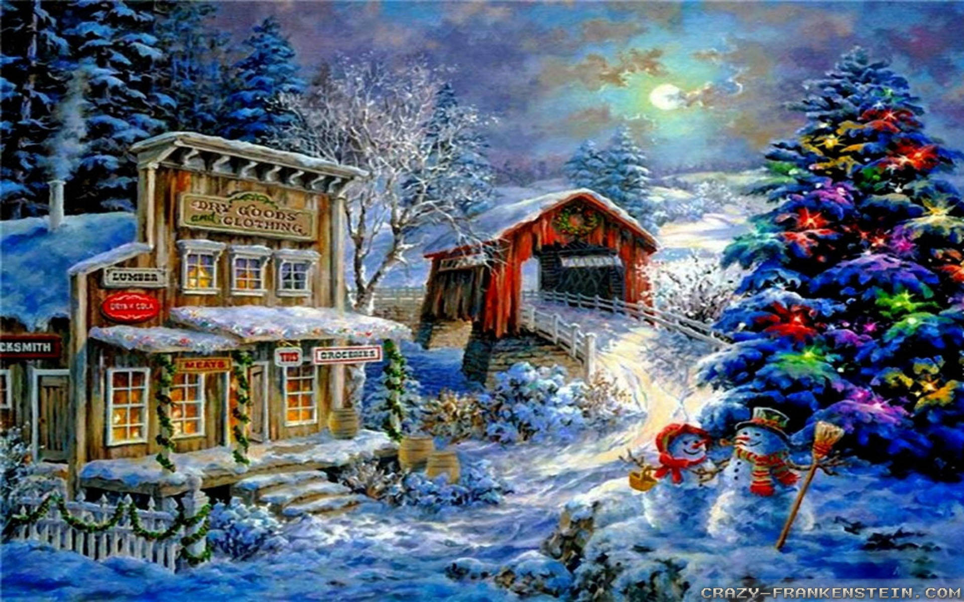 Scenes 桌布 壁紙 — 一個被雪覆蓋的冬夜村莊，有亮燈的聖誕樹和雪人，旁邊是一座有蓋橋樑和木製商店。