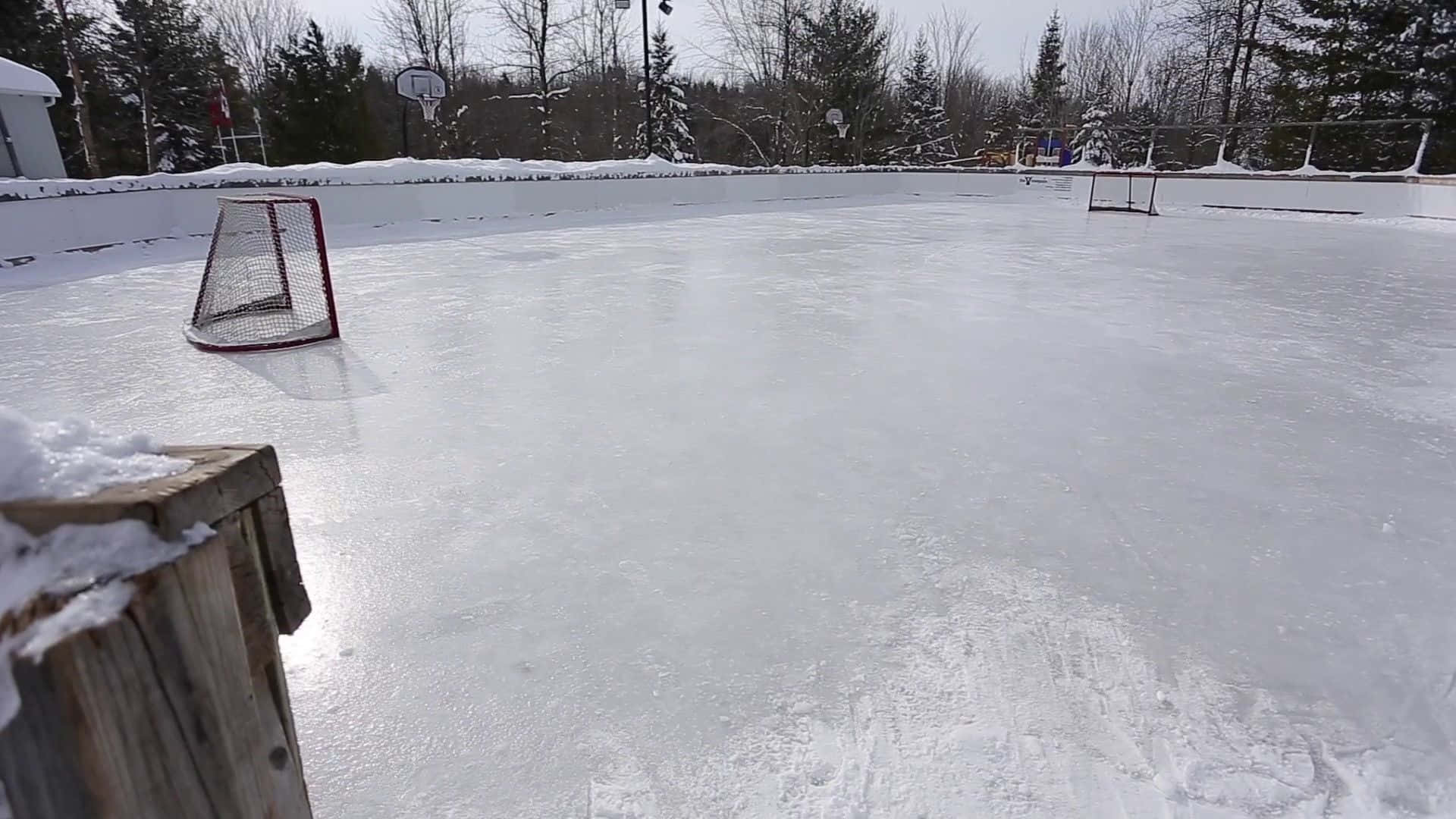 Ice Rink 桌布 壁紙 — 一個被雪覆蓋的冰凍戶外曲棍球場，背景有球門和樹木，天空晴朗。